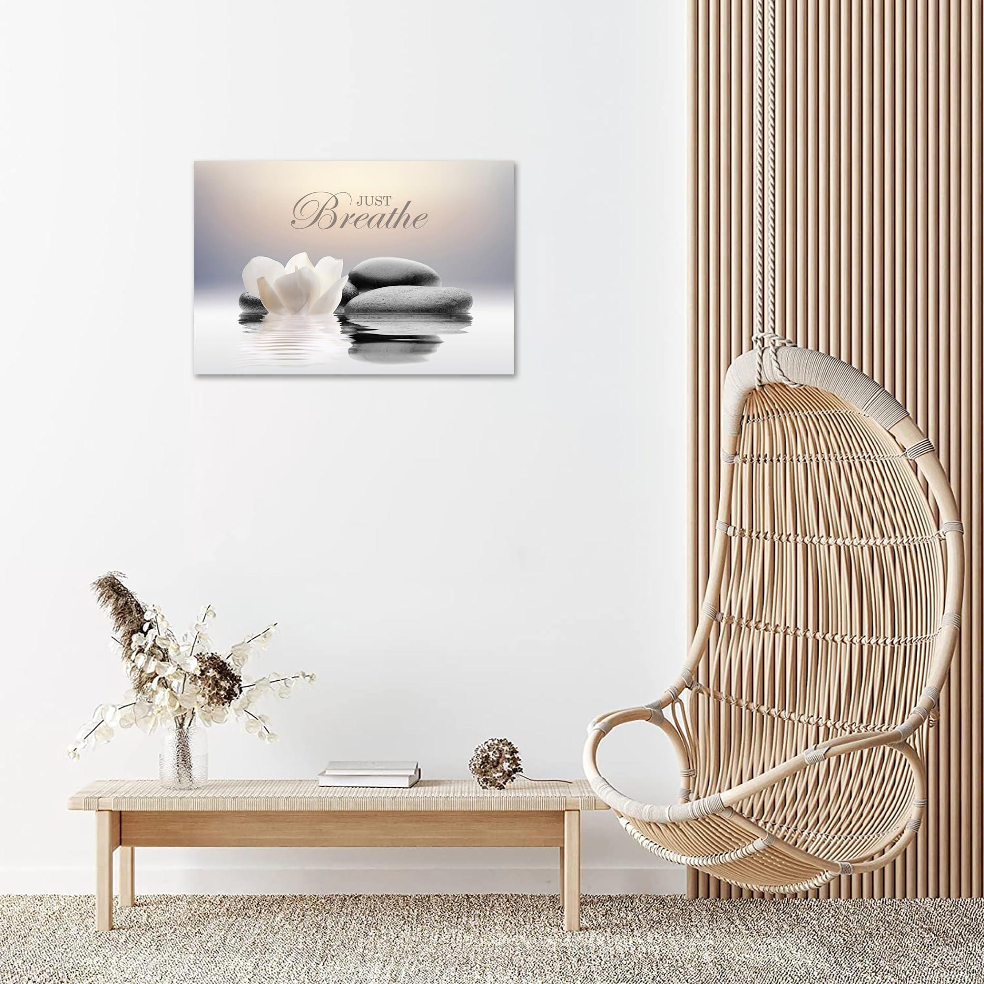 Zen Stone Canvas Wall Art Just Breathe Yoga Quotes Poster for Spa Decor White Lotus Flower Pictures Prints for Bathroom Modern Spiritual Artwork Framed (12 x 16inches) - Image 3
