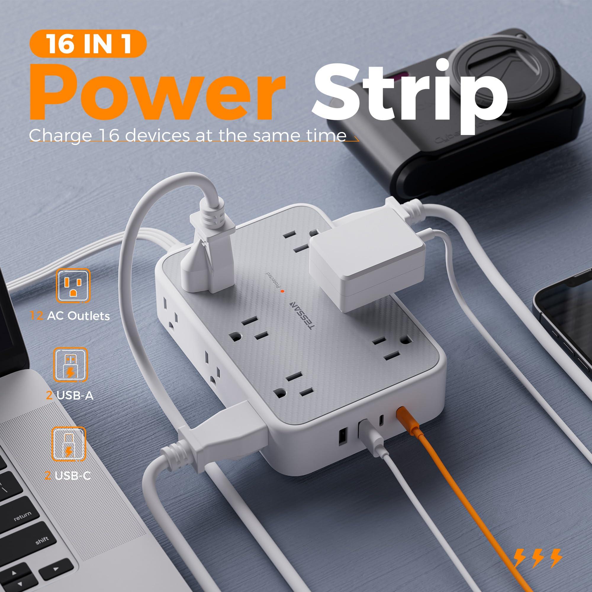 TESSAN Extension Cord 10 ft Surge Protector Power Strip, 12 Outlet Extender with 4 USB (2 USB C), 1800 Joules Protection, Flat Plug, Flat Extension Cord with Multiple Outlets, for Home, Office, Dorm - Image 3