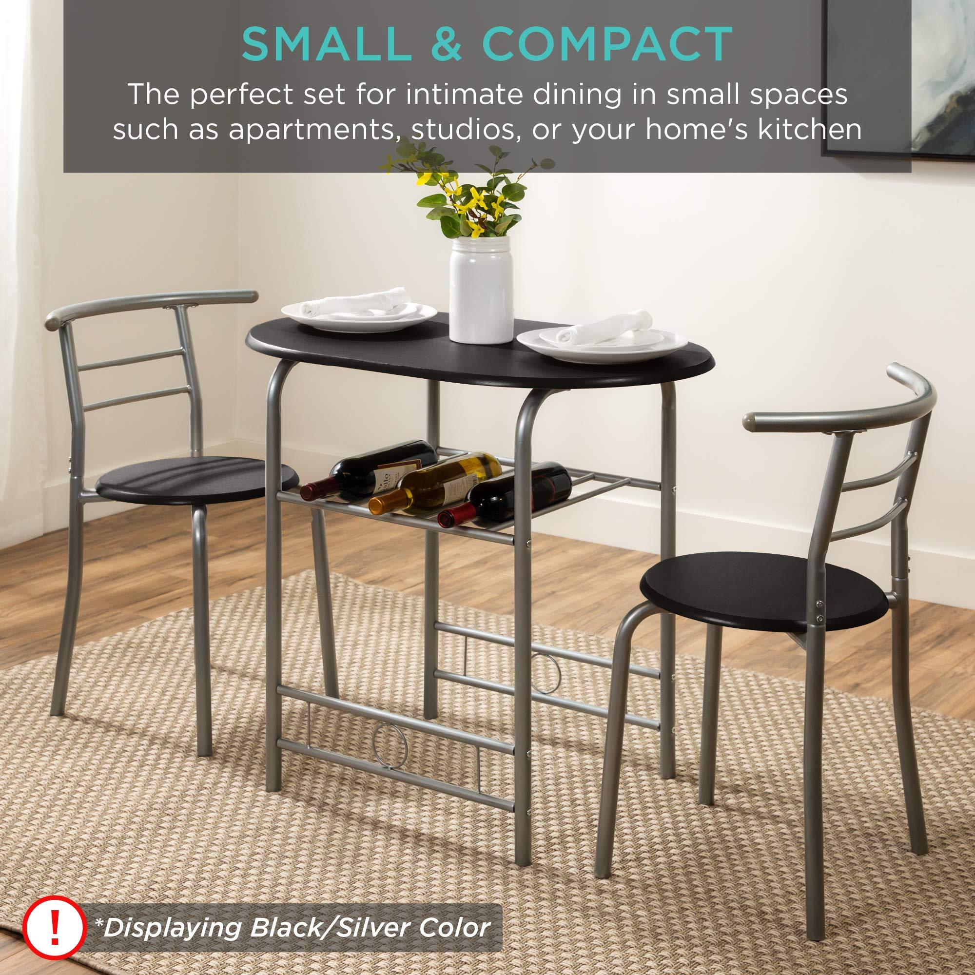 Best Choice Products 3-Piece Wooden Round Table & Chair Set for Kitchen, Dining Room, Compact Space w/Steel Frame, Built-in Wine Rack - Black/Brown - Image 7