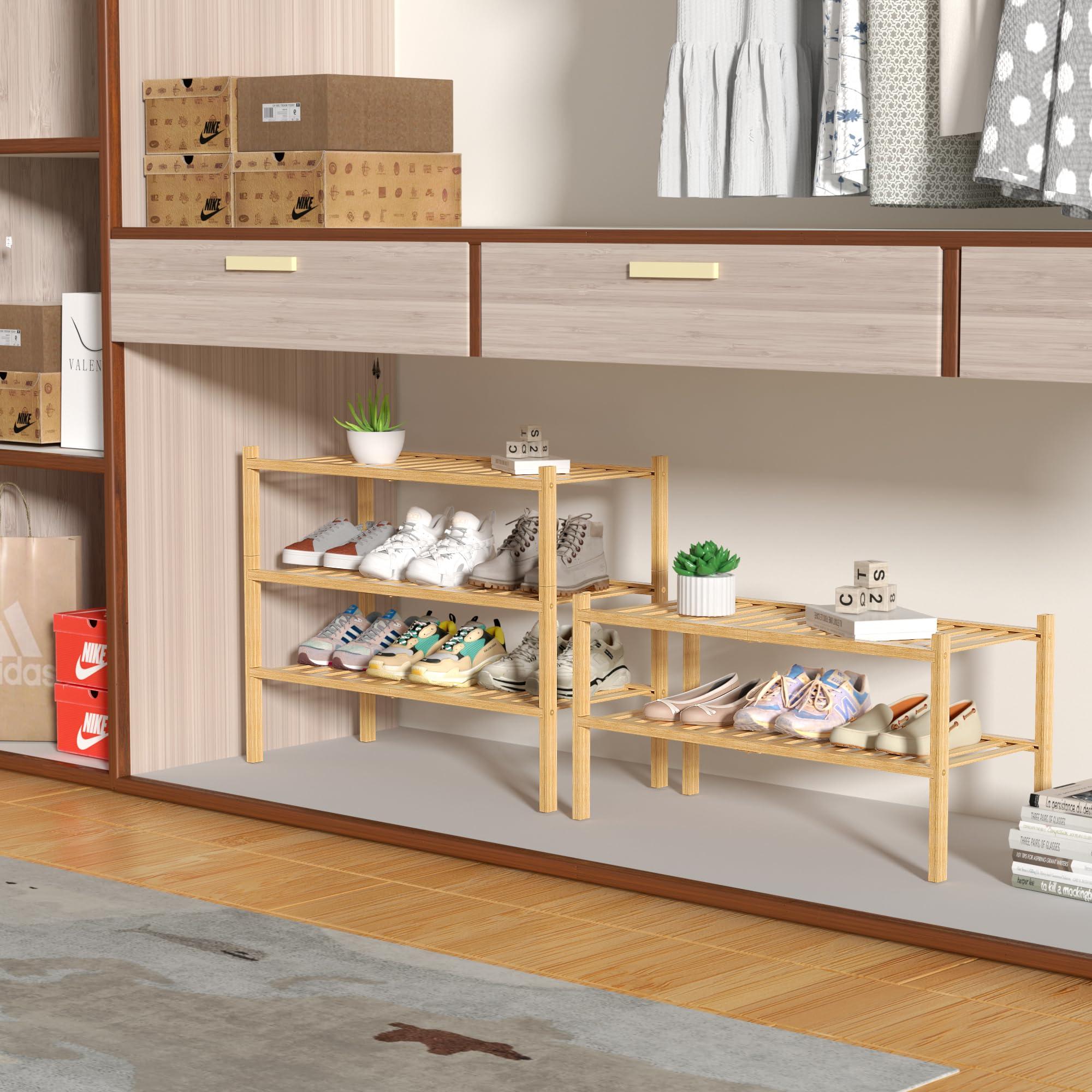 ROMGUAR CRAFT 3 Tier Bamboo Shoe Rack for Closet Free Standing Wood Shoe Shelf Storage Organizer for Entryway Small Space Stackable 27"x11"x20" (Natural) - Image 4