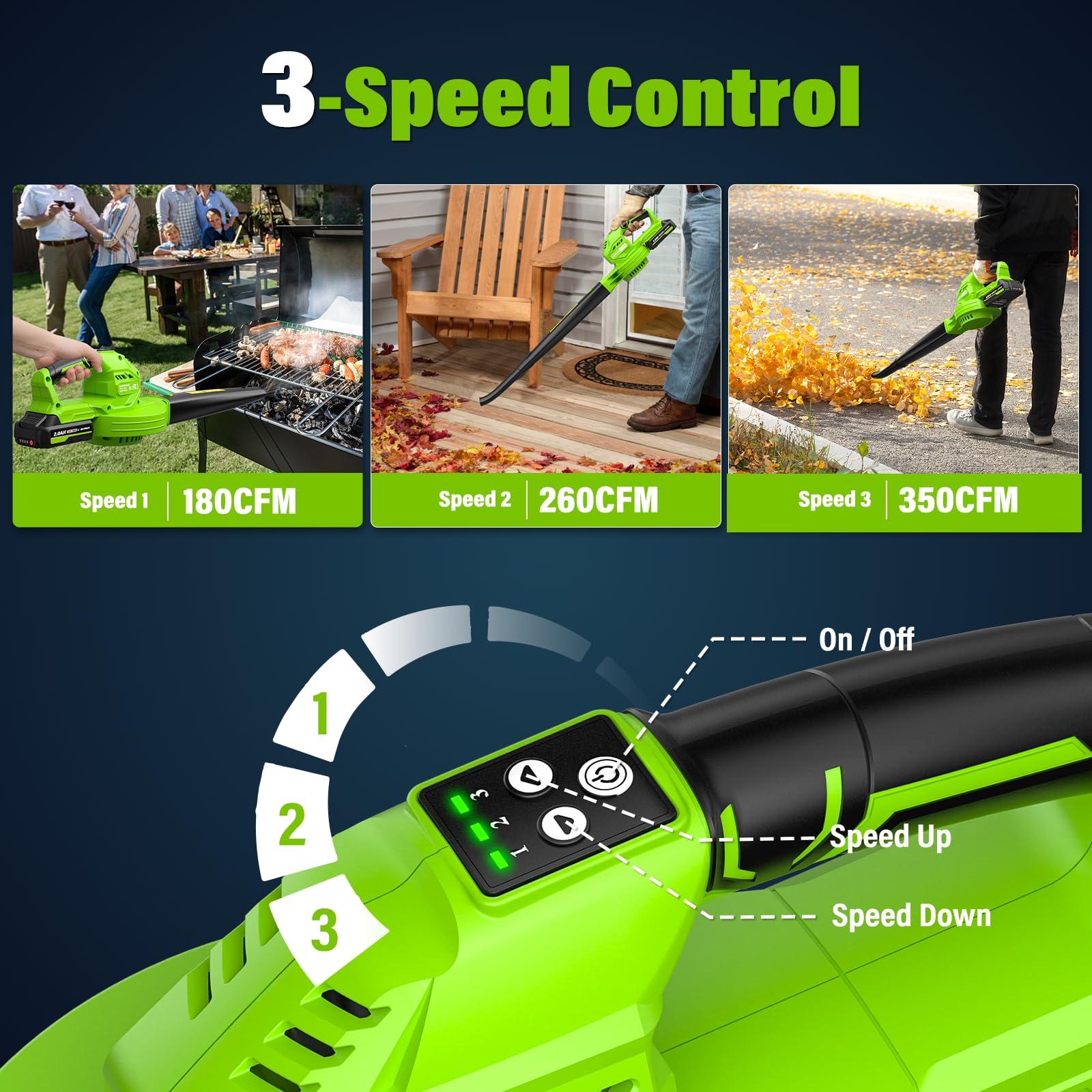 SEYVUM Cordless Leaf Blower, 20V Blower with 2 X 2.0 Ah Battery, Electric Blower for Lawn Care, 350 CFM 150 MPH Battery Powered Leaf Blower with Charger, for Patio, Garden Cleaning, Green - Image 4