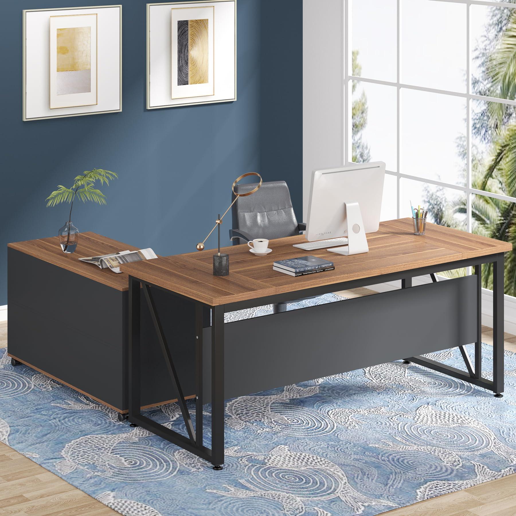 Tribesigns 63 inches Executive Desk and 47" lateral File Cabinet, L-Shaped Computer Desk Home Office Business Furniture with Drawers and Storage Shelves, Office Table,Brown and Black - Image 6
