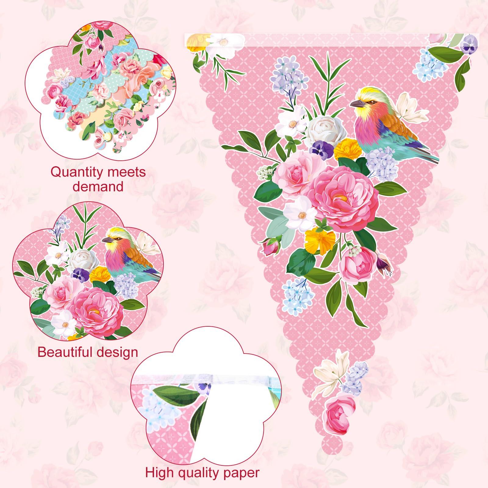 Faccito 49 ft 60 Pcs Tea Floral Party Paper Bunting Decor Outdoor Bunting Banner Floral Pennant Banner Tea Party Birthday Supplies for Wonderland Garden Baby Shower Bridal Wedding Bedroom - Image 4