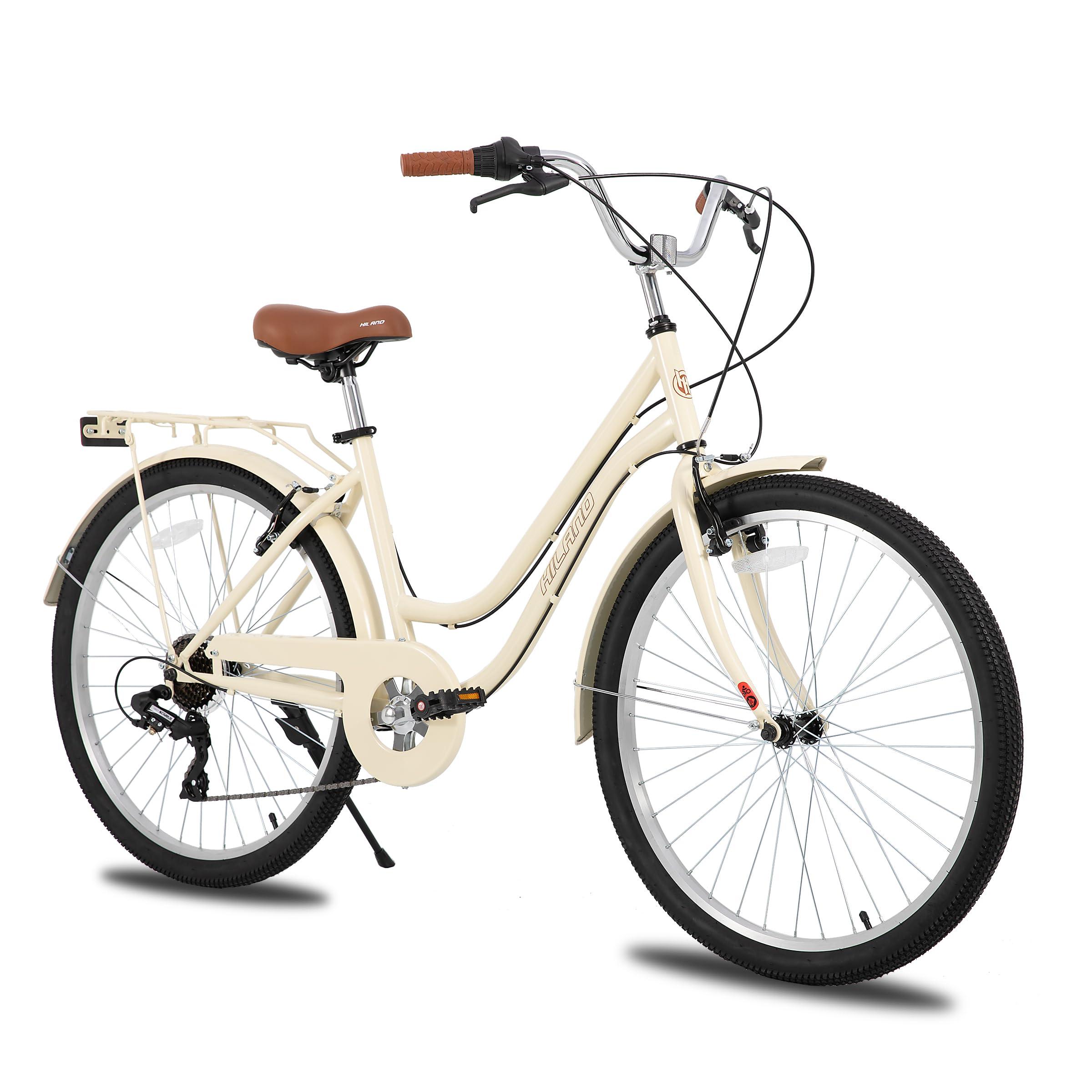 HILAND 26 inch Beach Cruiser Bike for Men and Women, 7 Speed Step-Through Frame Adult Bicycle with Rear Rack, Retrospec Bike Commuter City Bicycle
