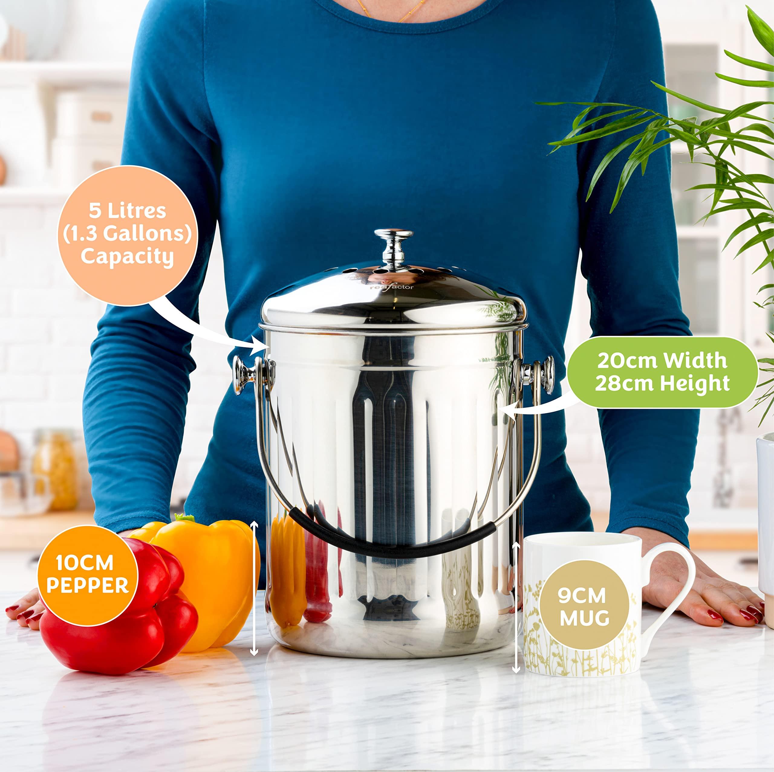RED FACTOR Premium Compost Bin for Kitchen Countertop - Stainless Steel Food Waste Bucket with Innovative Dual Filter Technology - Includes Spare Filters (Brilliant Steel, 1.3 Gallon) - Image 5