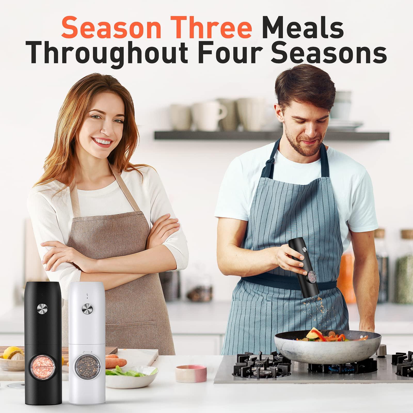 Electric Salt and Pepper Grinder Set, Rechargeable Automatic Pepper Mill Grinder with LED Light, Adjustable Coarseness shakers, One-Hand Operation for Kitchen(2 Pack,Black+White) - Image 2