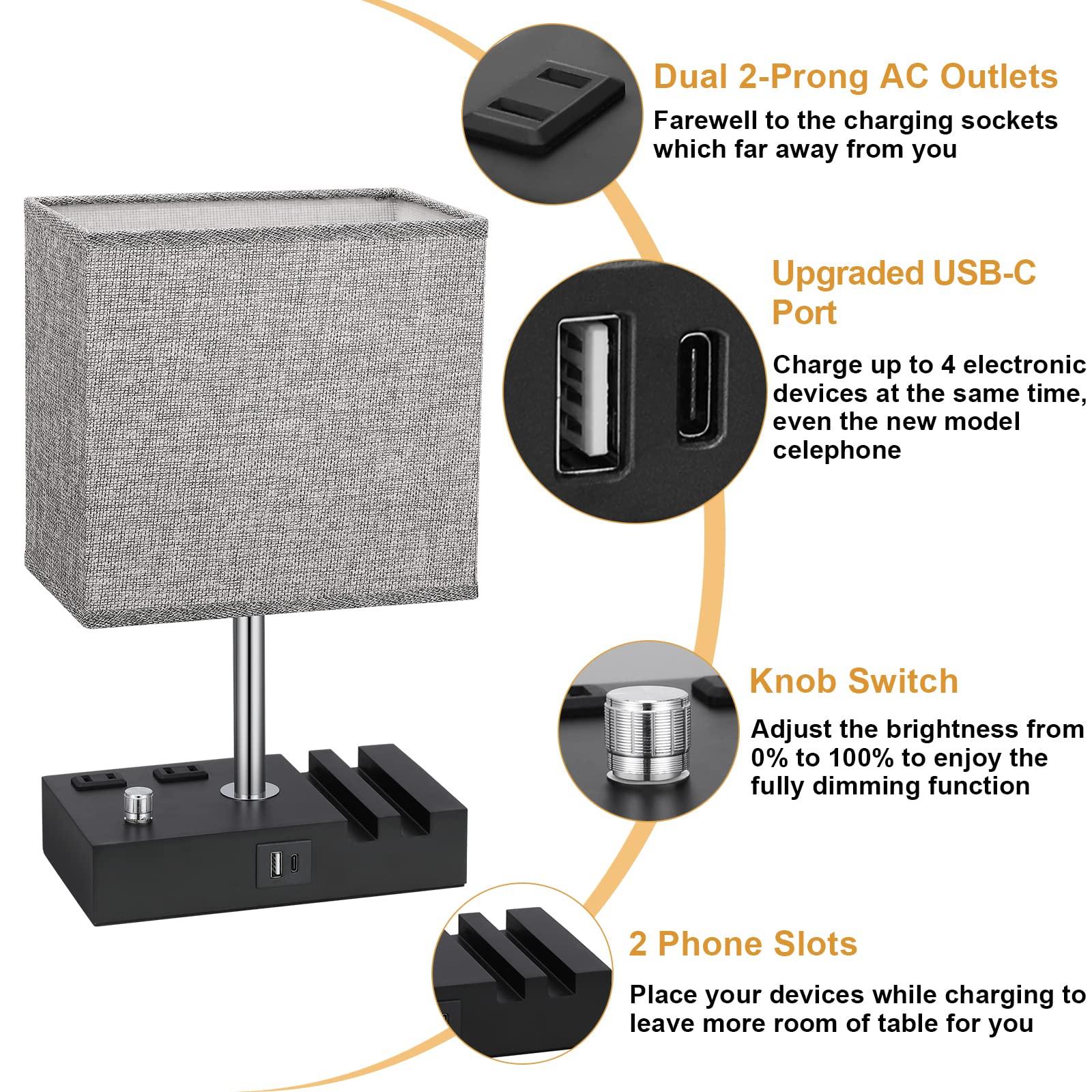 Kakanuo Fully Dimmable Nightstand Lamp for Bedroom with USB C Ports, Grey Small Bedside Table Lamp with Charging Outlets and Phone Stands, Wooden Desk Lamp for Living Room, LED Bulb Included - Image 5