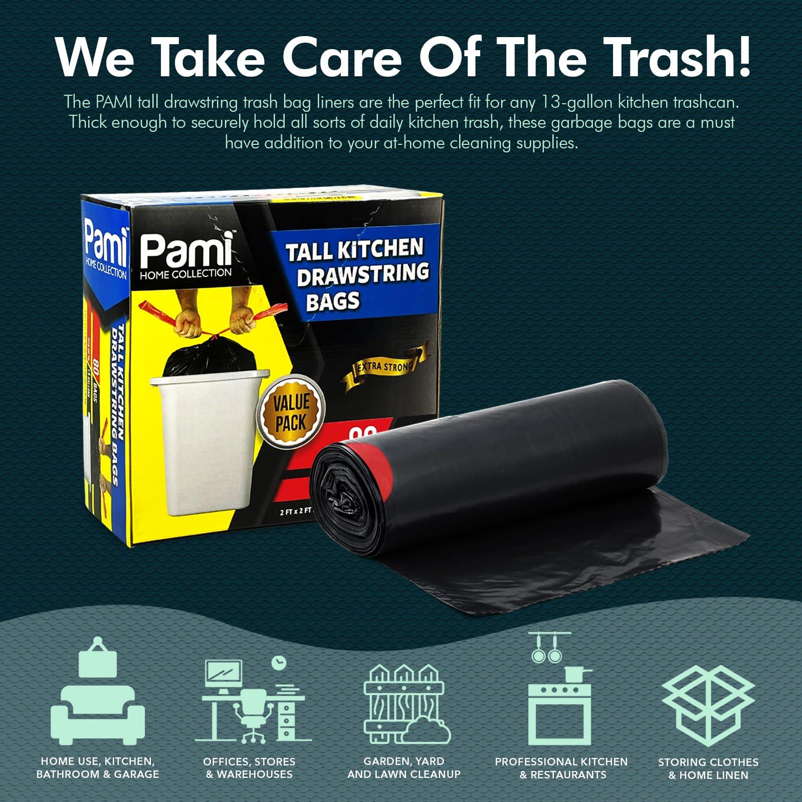 PAMI Tall 13-Gallon Kitchen Drawstring Trash Bags [80-Pack, Black] - Extra-Strong Plastic Garbage Bags- Thick Trash Can Liners For Kitchen, Bathroom & Outdoor Bins- 2ft x2ft Unscented Trash Bags - Image 3