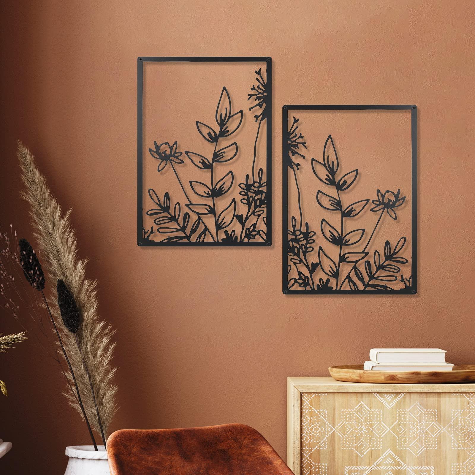Therwen 3 Pcs Black Metal Wall Art Minimalist Wall Decor for Bedroom Flowers Decor Hanging Flower Bathroom Art Flower Line Sculpture Kitchen Decoration 16.5 x 9.8 Inch(Cute Style) - Image 3