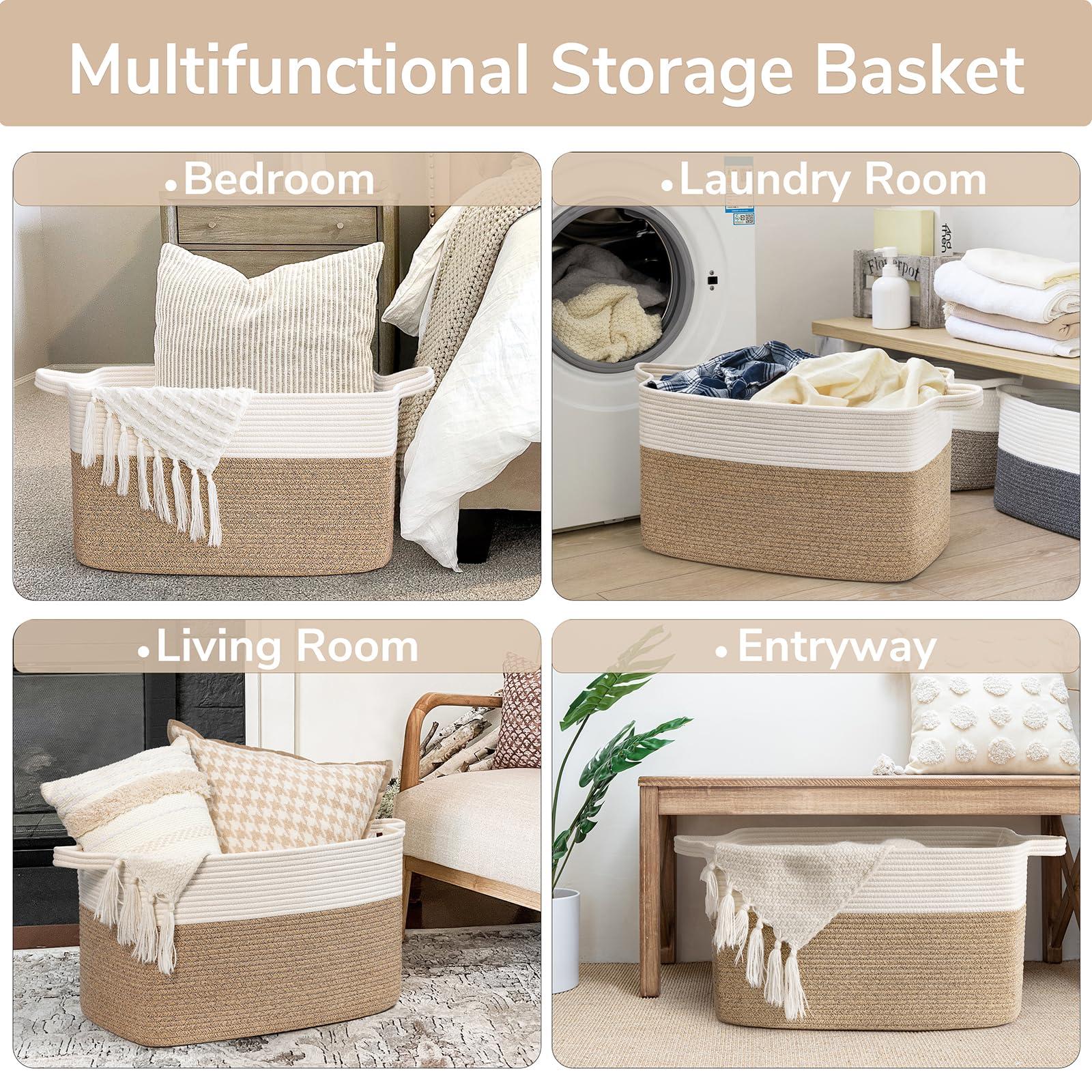 Goodpick Large Woven Blanket Basket, 21.6" x 14.9" x 11.8" Storage Baskets for Organizing, Rectangle Cotton Rope Toy Basket for Living Room, Bedroom, White & Brown - Image 4