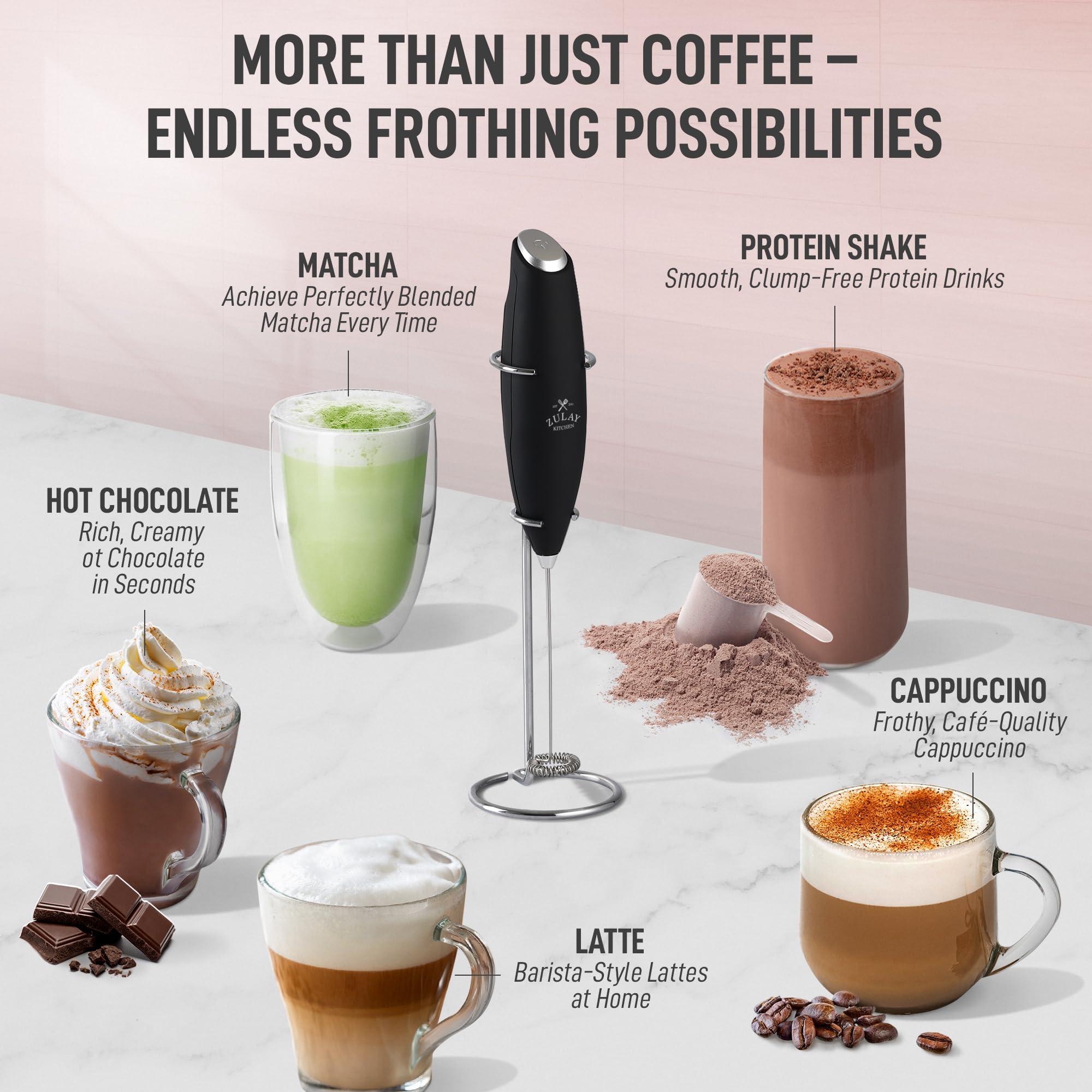 Zulay Kitchen Powerful Milk Frother Wand With 2 Duracell Batteries - Ultra Fast Handheld Drink Mixer - Electric Whisk Foam Maker for Coffee, Lattes, Cappuccino, Matcha, Hot Chocolate & Creamer - Black - Image 4