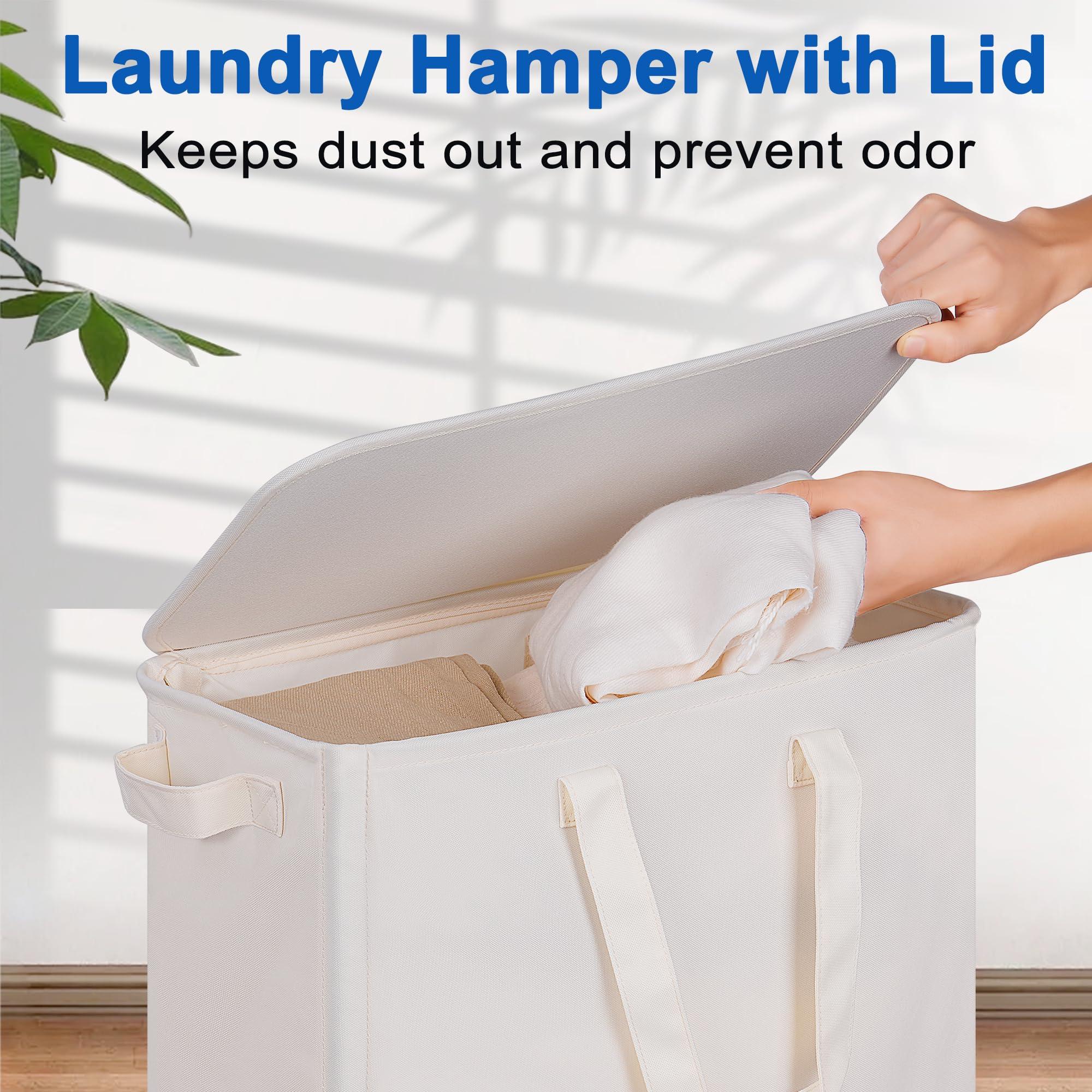 Vincona Slim Laundry Hamper with Lid and Wheels, Small Rolling Laundry Basket with Handle for Small Spaces, Tall Dirty Clothes Hampers for Dorm, Bathroom and Bedroom, 75L, Beige - Image 4