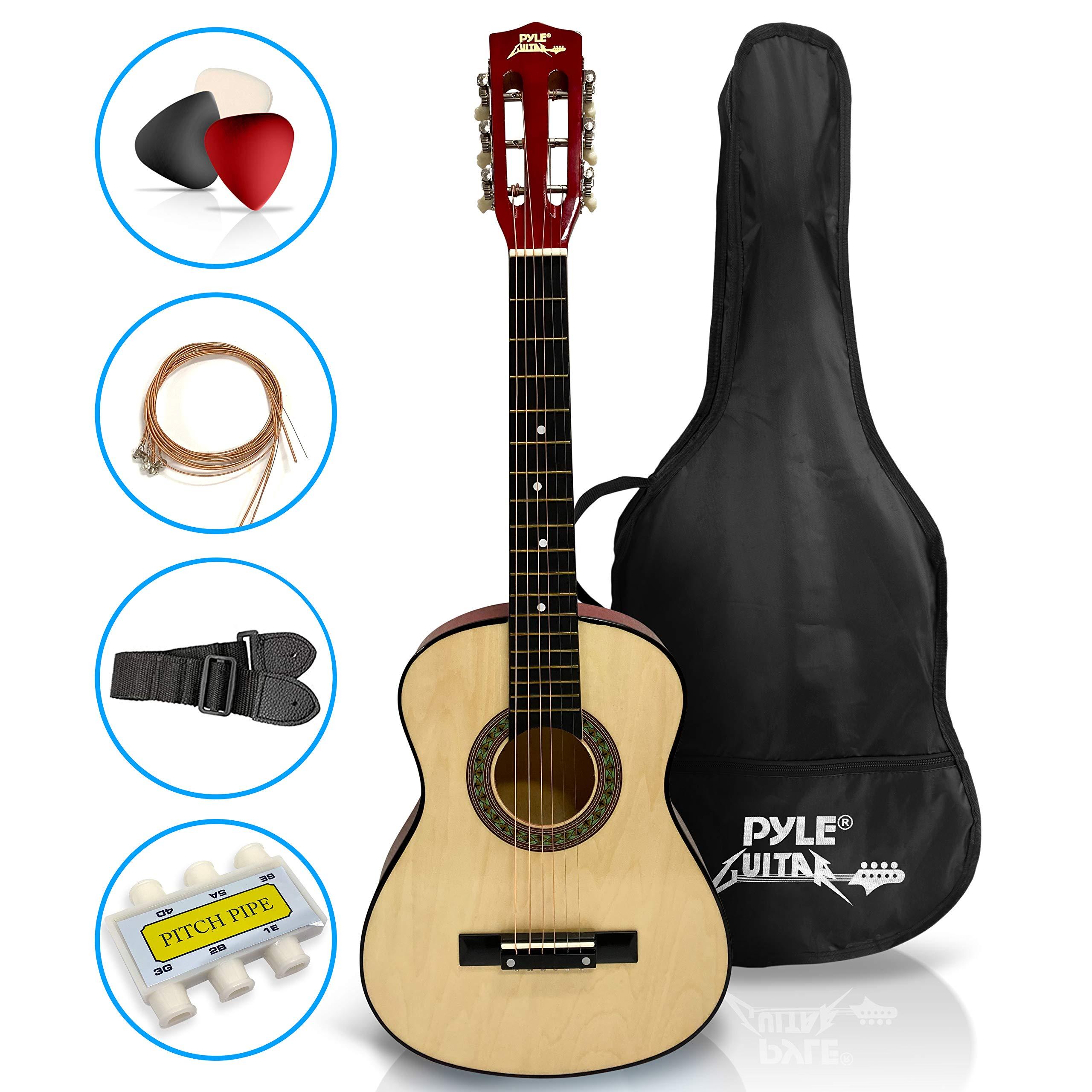 Pyle 30” Classical Acoustic 6 String Linden Traditional Style Guitar w/Wood Fretboard, Case Bag, Nylon Strap, Tuner, 3 Picks-for Beginner, Children Use, Right Handed, (PGAKT30)