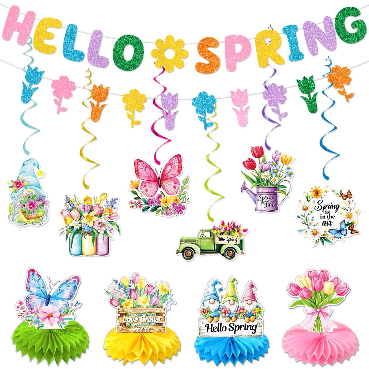 JKQ Colorful Glittery Hello Spring Banner Banner Spring Hanging Swirls Decorations Spring Honeycomb Centerpieces Decorations Spring Easter Tulip Flowers Party Banner for Ceiling Table Hanging Decors