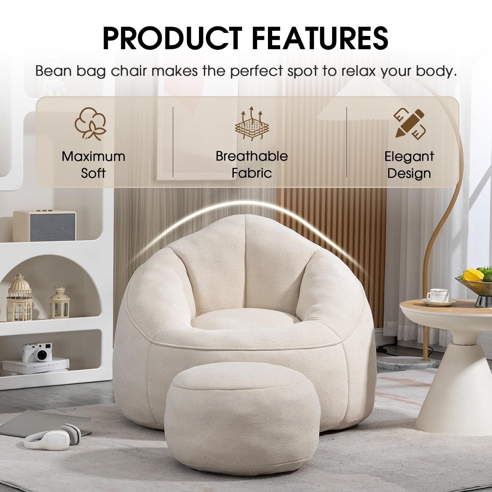 Sudwesto Bean Bag Chair for Adult, Microfiber Upholstered Bean Bag Sofa with Petal Back, Shell-Shaped Beanbag Chair with Footstool, Memory Foam Stuffed Lazy Sofa for Living Room, Bedroom (Beige) - Image 4