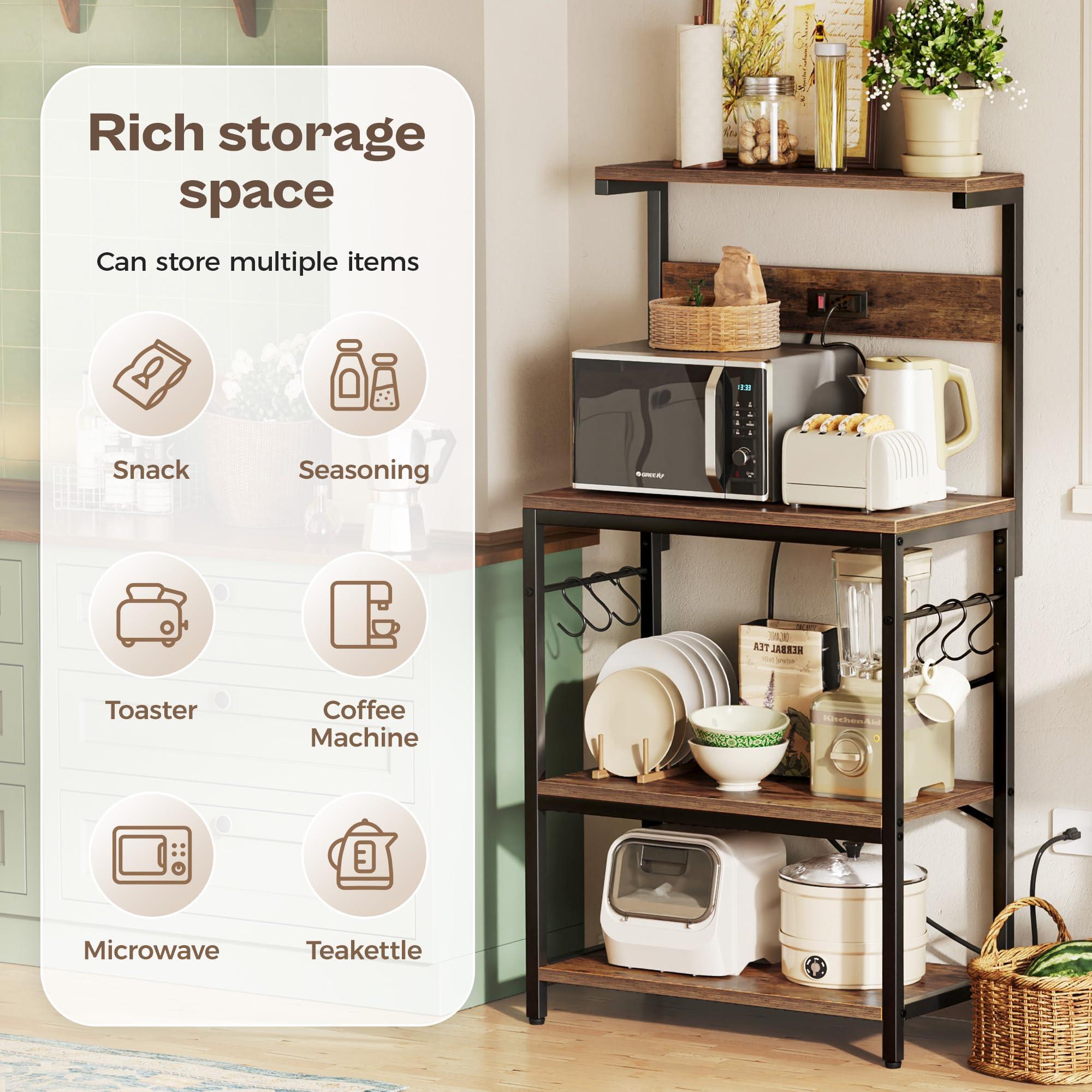 SUPERJARE Kitchen Bakers Rack with Power Outlet, Coffee Bar Table 4 Tiers, Kitchen Microwave Stand with 6 S-shaped Hooks, Storage Shelf Rack for Spices, Pots and Pans - Rustic Brown - Image 7