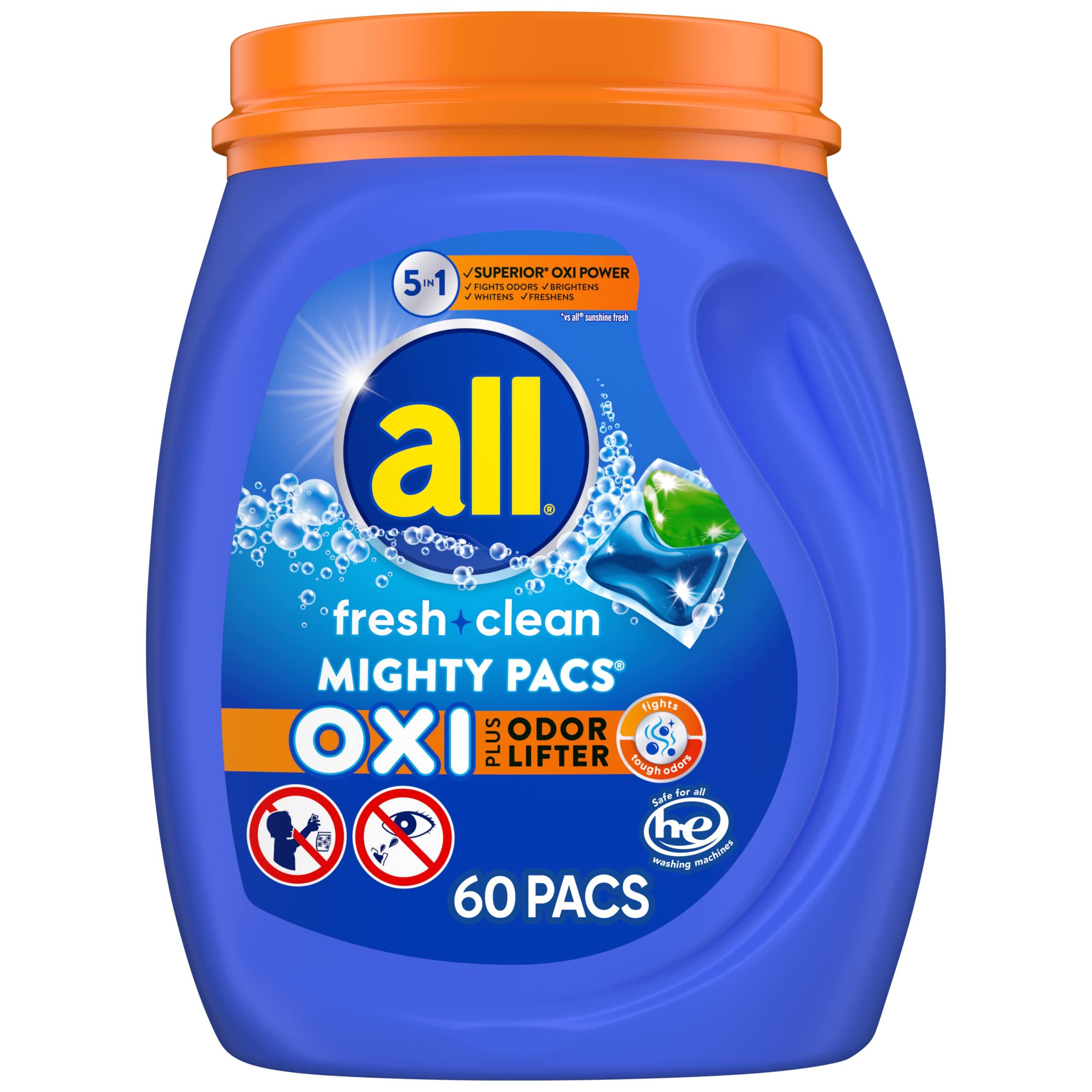 all fresh clean, OXI + Odor Lifter, MIGHTY PACS Laundry Detergent Pacs, 60 Count