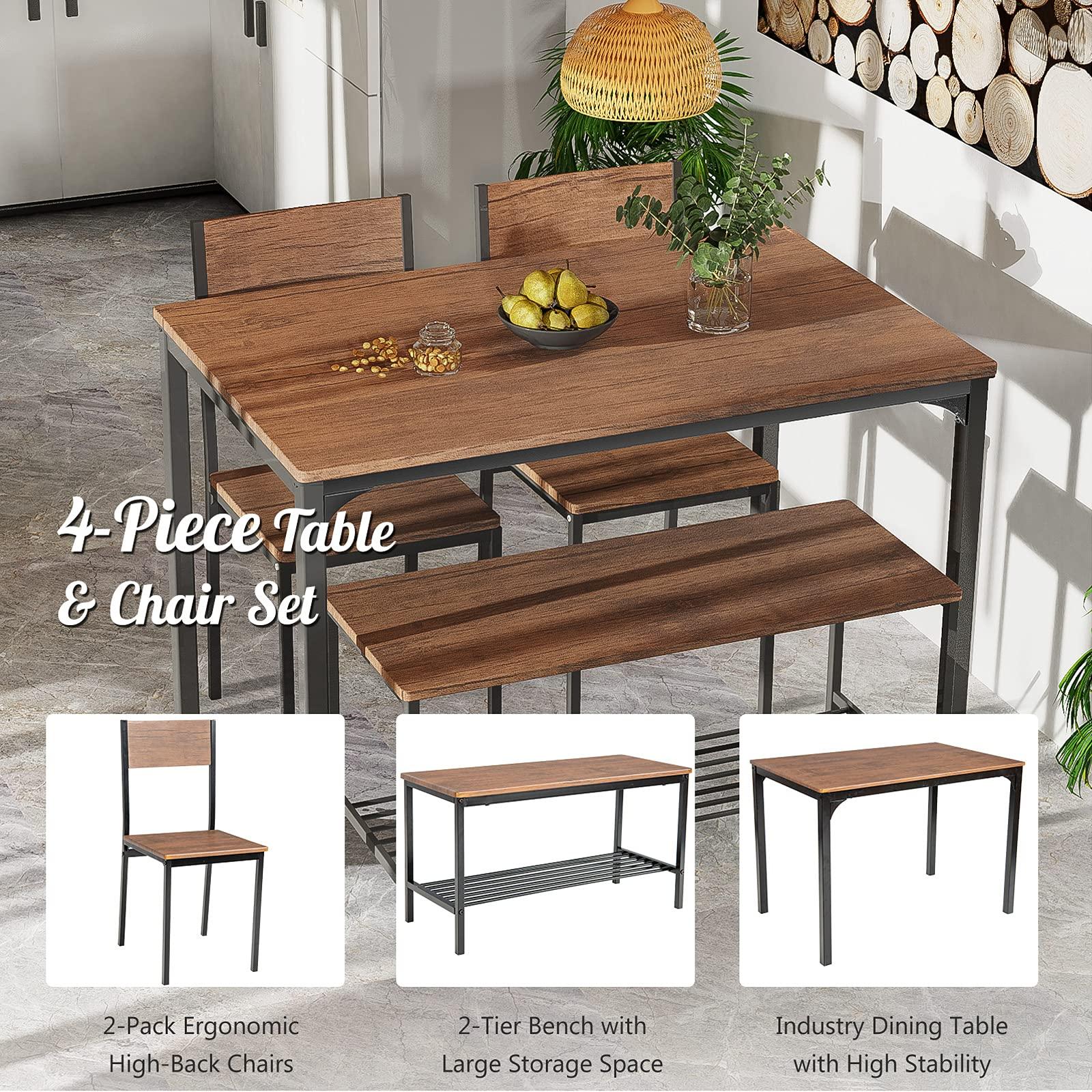 Giantex Dining Table Set for 4, 43" Kitchen Table and Chairs, Dining Bench with Metal Frame & Storage Rack, 4-Piece Modern Functional Desk Set for Dinette, Small Space, Apartment, Restaurant, Brown - Image 6