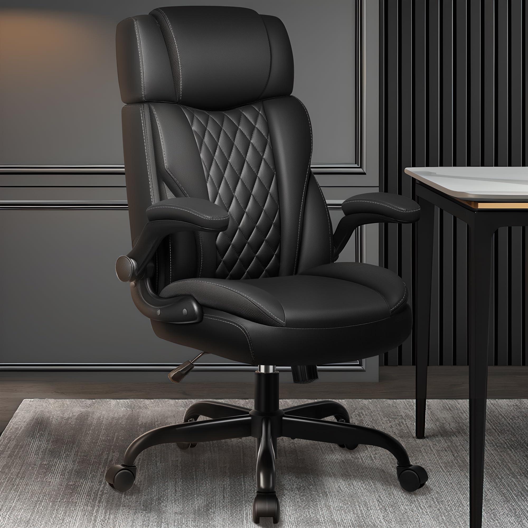 BestGlory Office Chair Flip Up Arms, Executive Leather Office Chair Ergonomic Desk Chair with Lumbar Support, Adjustable Headrest, Computer Chair Home Office Desk Chair with Rocking Function - Image 2