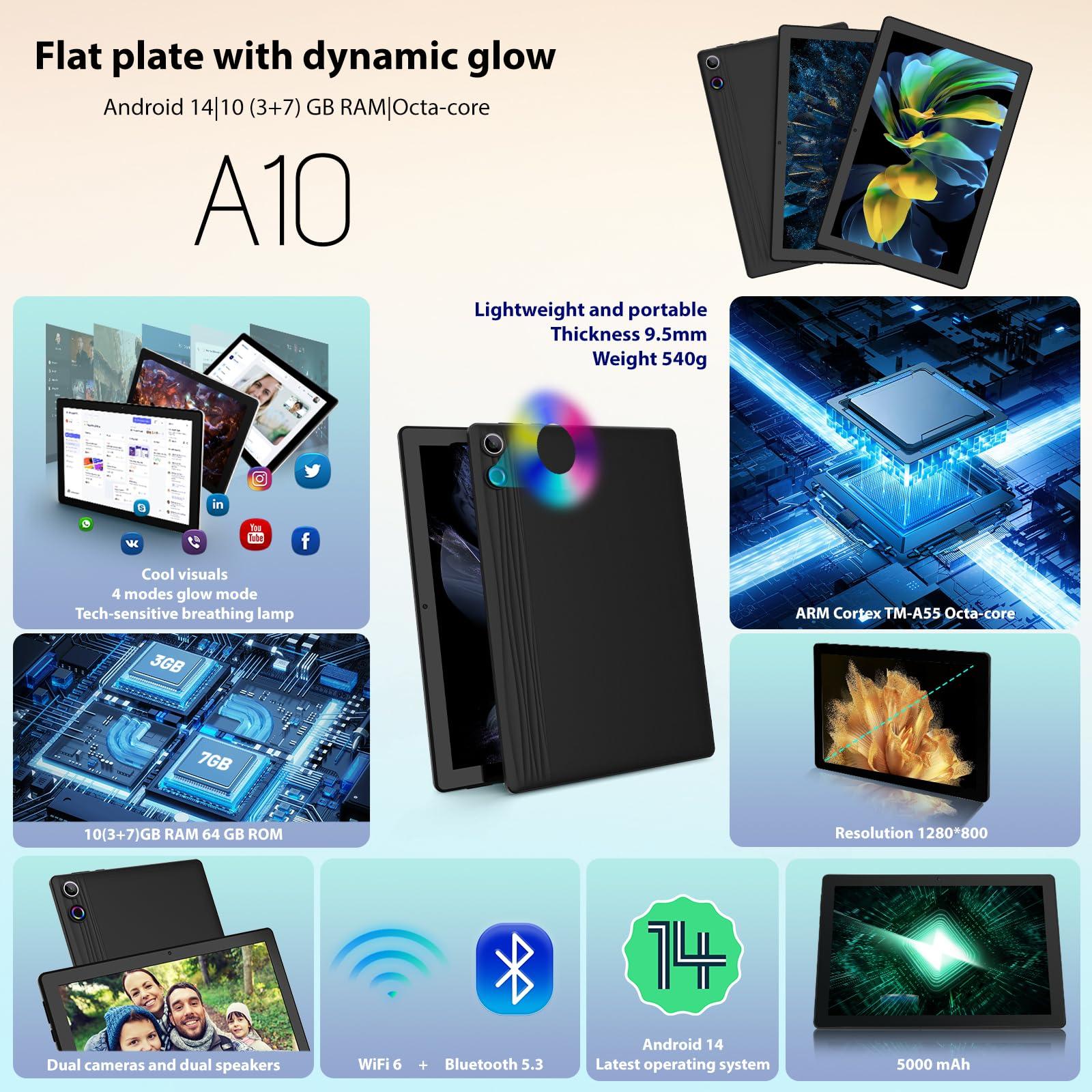 ROWT Tablet 10 inch Android 14, Octa-Core, 10GB RAM 64GB ROM 1TB Expandable, Widevine L1, 1280x800 IPS Touchscreen, BT 5.4, Dual Camera with Flash (Black) - Image 2