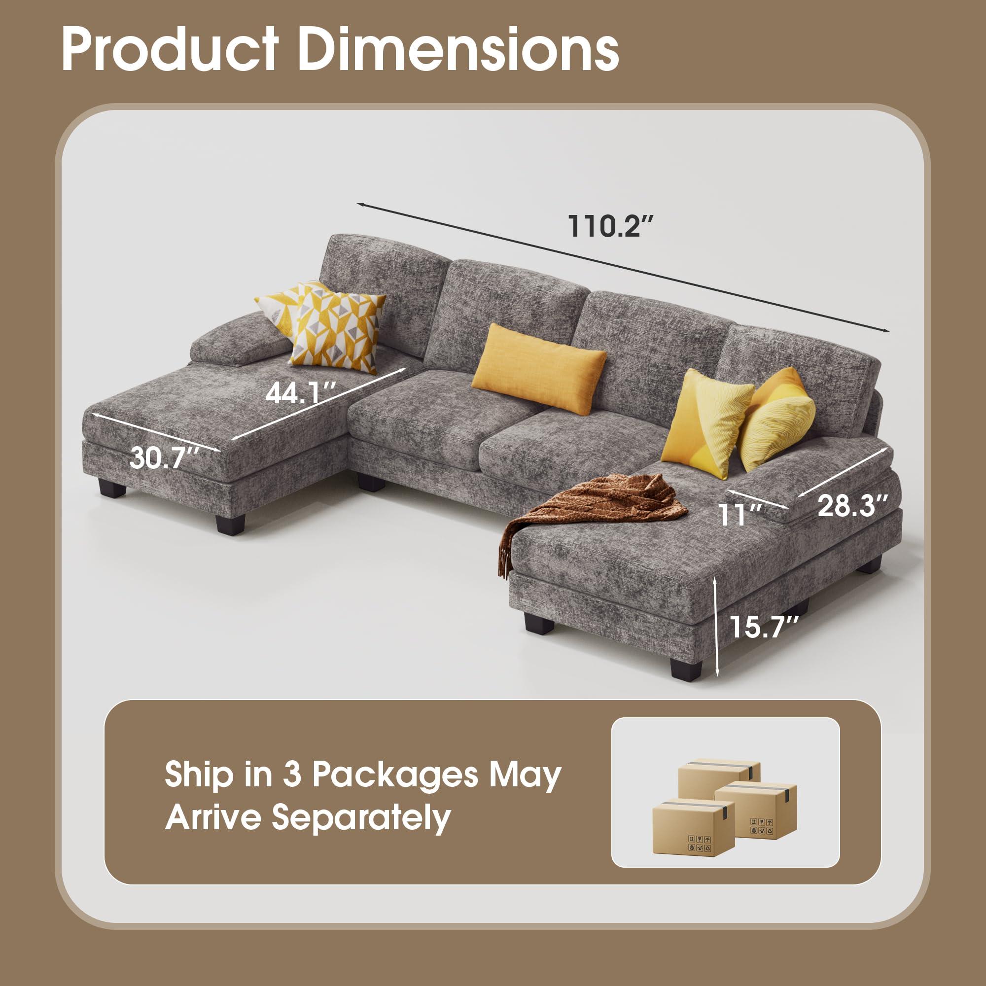 Furmax Sectional Couches for Living Room, U-Shaped Sofa Couch with Linen Fabric, 4 Seat Sofa Set with Double Chaise for Apartment (Fabric, Grey) - Image 2