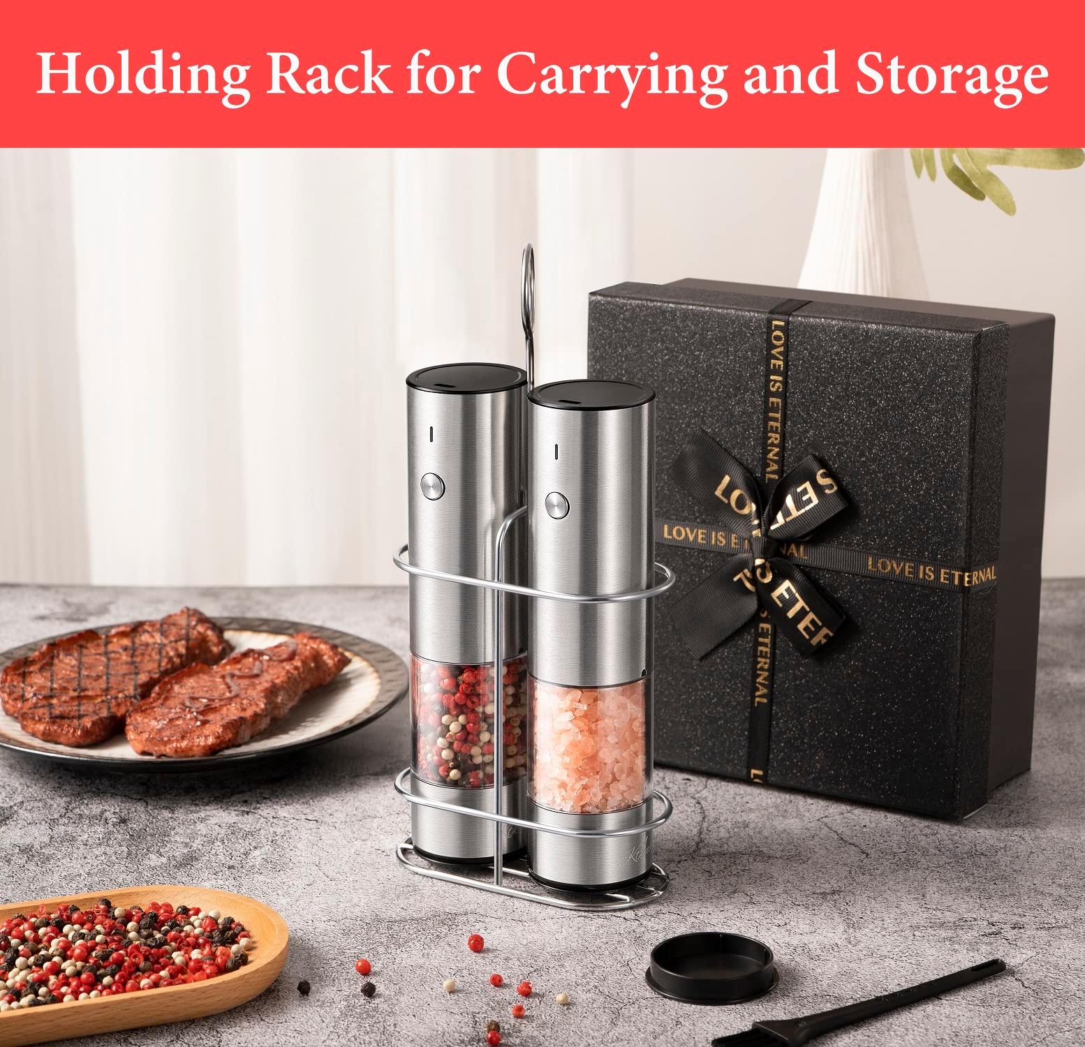 Rechargeable Electric Salt and Pepper Grinder Set with Holder - Nicely Packaged Giftable - No Battery Needed - Automatic Pepper Mill & Adjustable Coarseness & LED Light Refillable - Stainless Steel - Image 3