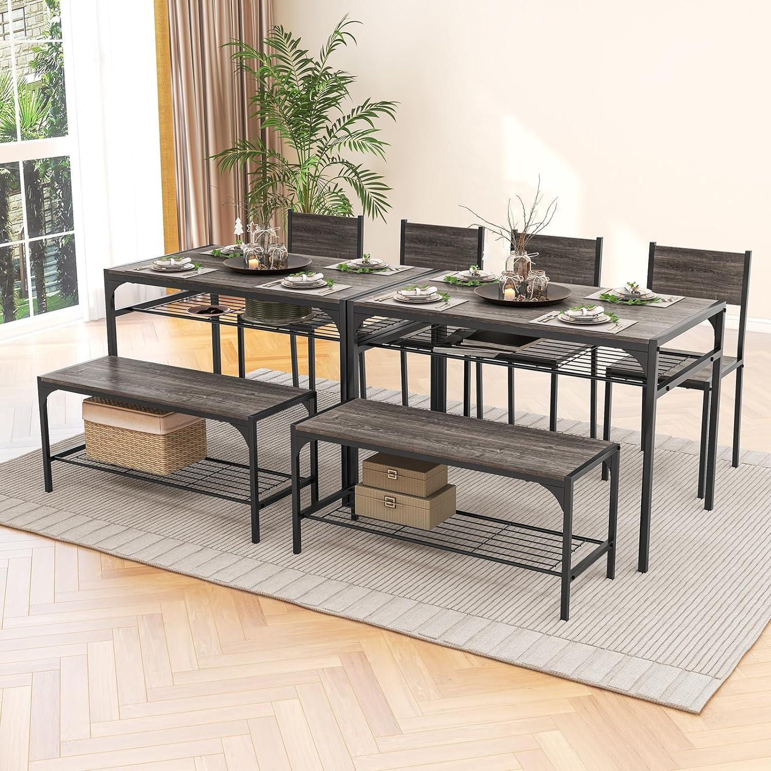 Tangkula Dining Table Set for 4, Kitchen Table and 2 Chairs for 4 with Bench, Additonal Storage Rack, 4 Piece Dining Table Set for Small Space, Apartment - Image 9