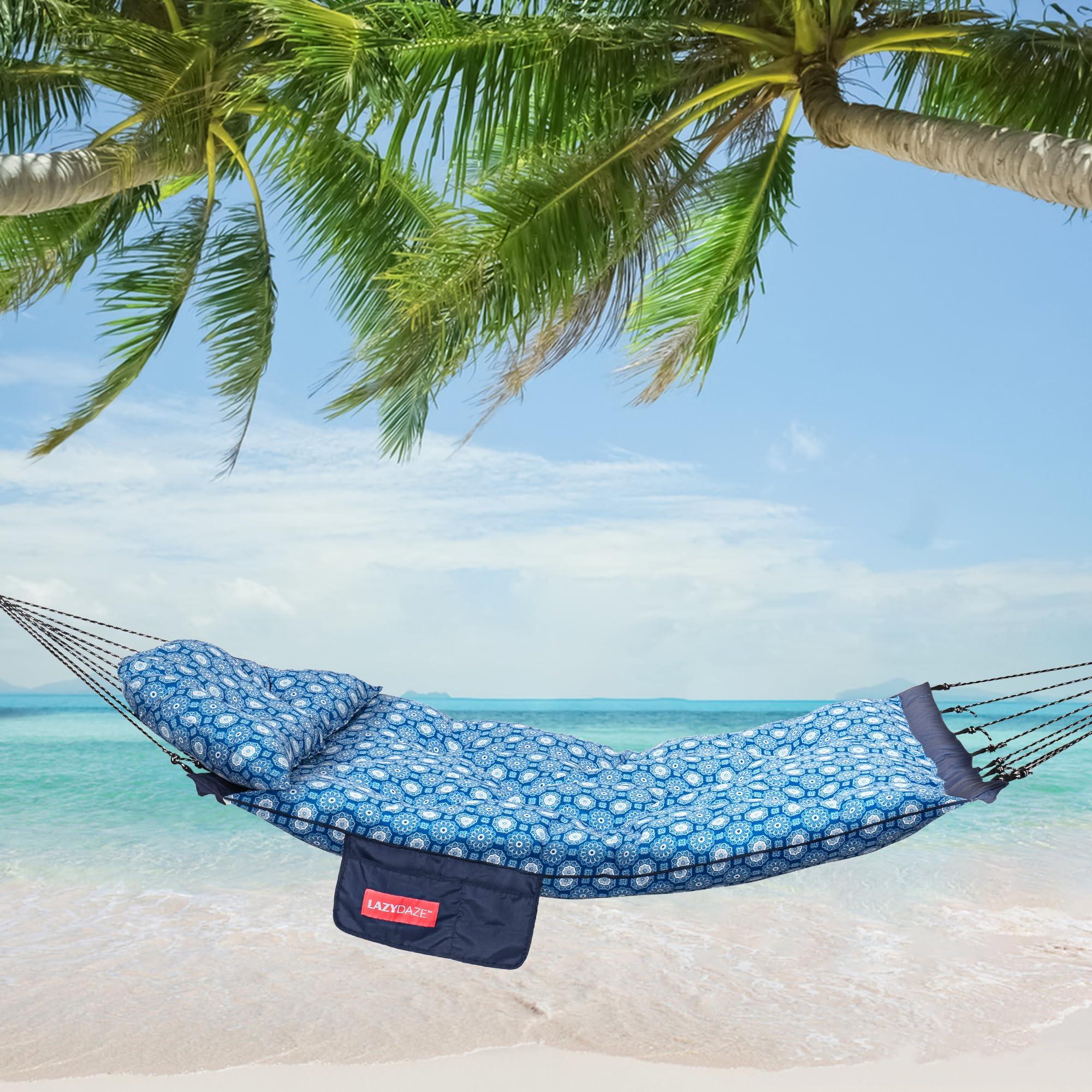 Lazy Daze Hammocks Deluxe 12 FT Thickened Fabric Hammock with Curved Aluminium Spreader, Outside Double Hammock with Large Soft Pillow, Side Pocket 450 Lbs Capacity for Patio, Blue Floral - Image 8