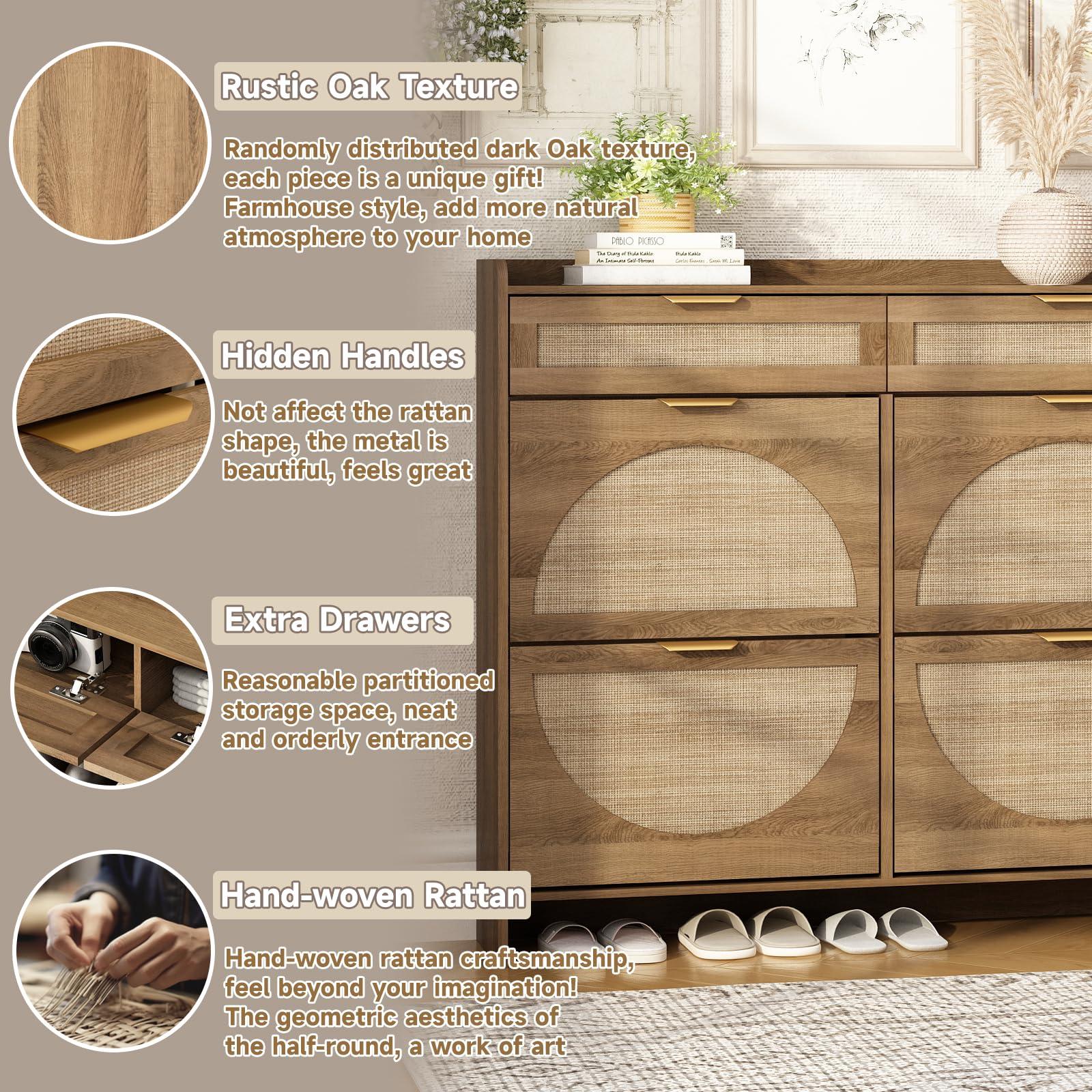 WINWY Rattan Shoe Storage Cabinet with 4 Flip Drawers & 2 Drawers, Freestanding Organizer for Front Door Entrance, Hidden Narrow Shoe Rack Cabinet Storage for Entryway, Rustic Oak Rattan - Image 5