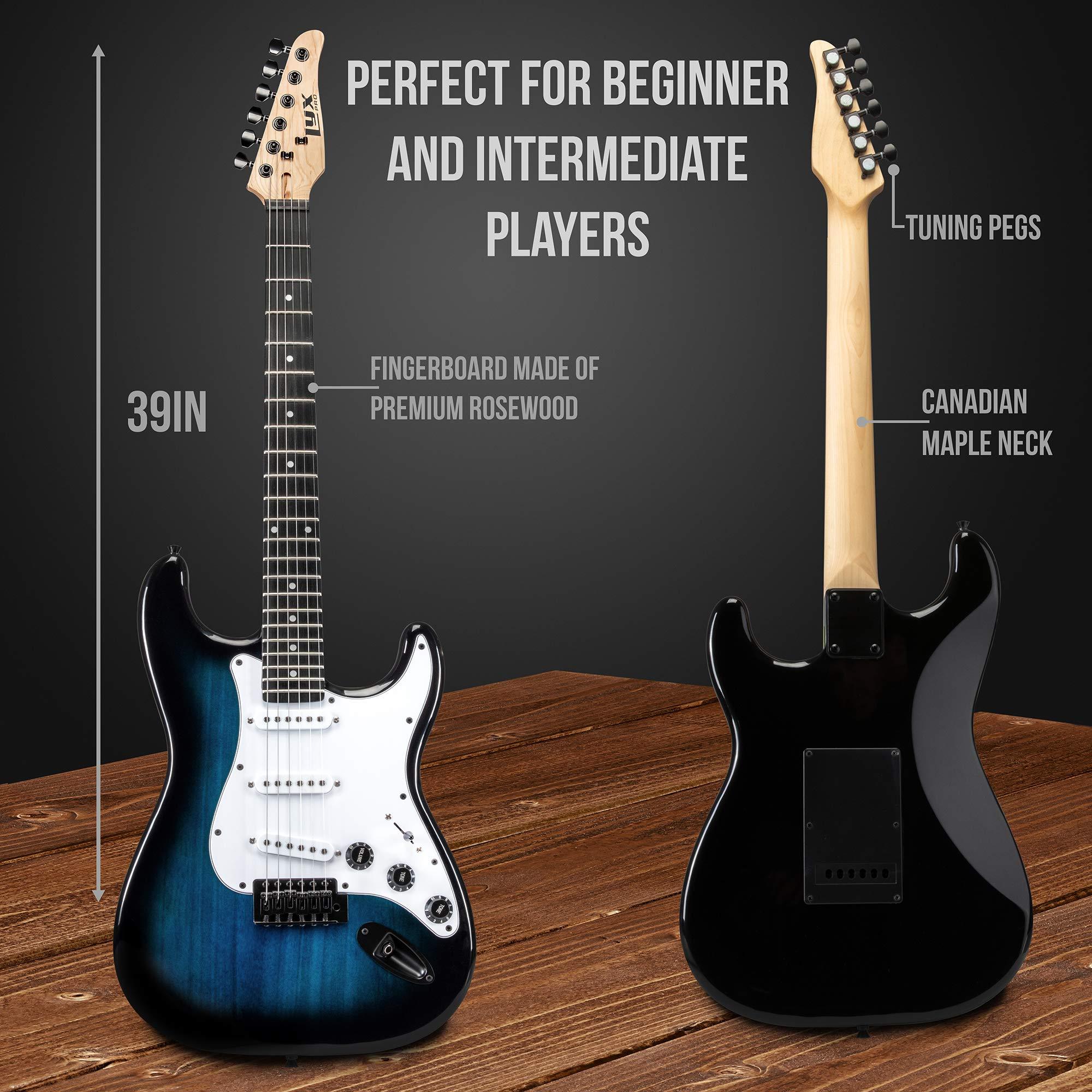LyxPro 39 inch Electric Guitar Kit Bundle with 20w Amplifier, All Accessories, Digital Clip On Tuner, Six Strings, Two Picks, Tremolo Bar, Shoulder Strap, Case Bag Starter kit Full Size - Blue - Image 3