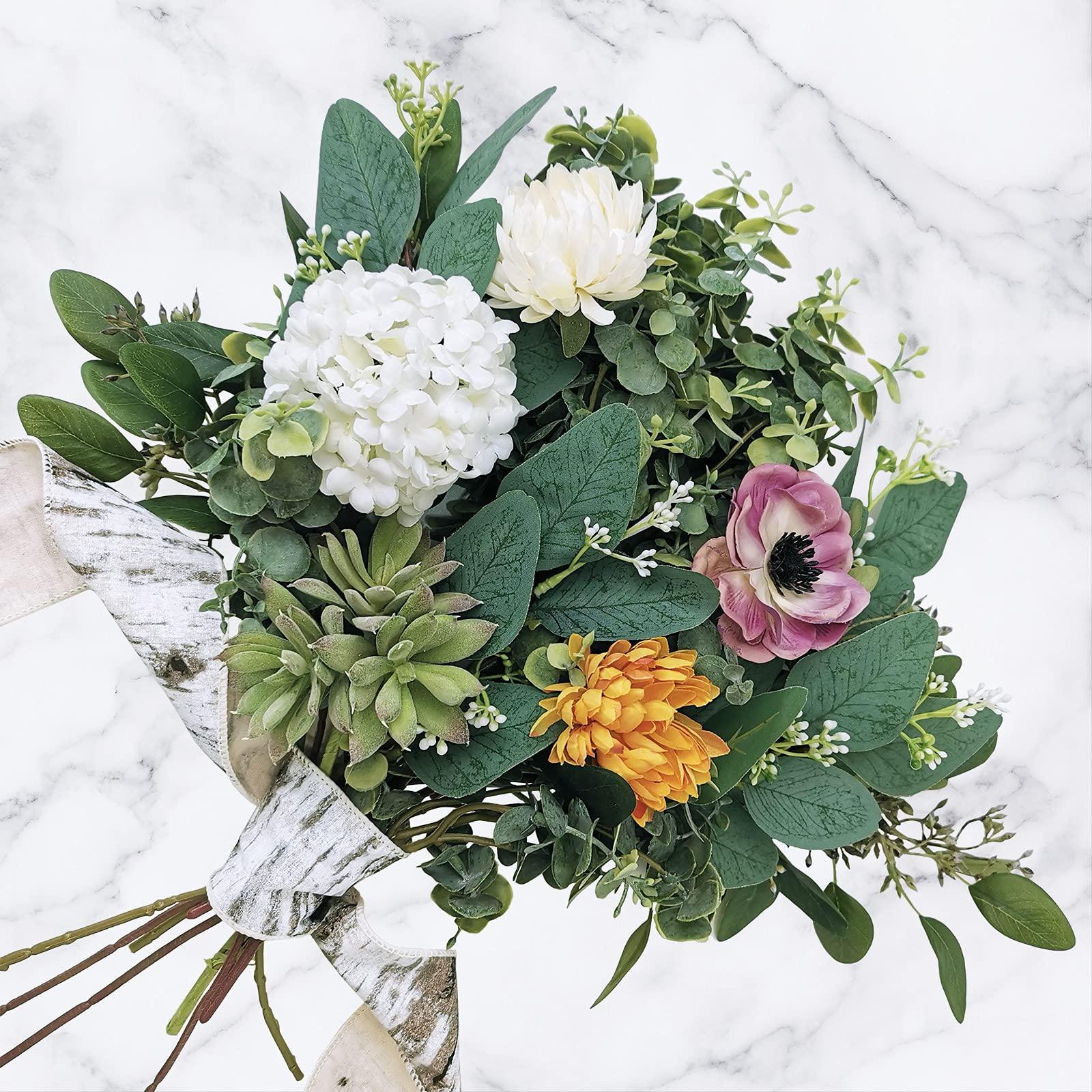 Winlyn 20 Pcs Mixed Artificial Oval Eucalyptus Leaves Bulk with White Seeds Stems and Spray for Vase Floral Wreath Bouquets Wedding Greenery Decoration - Image 9