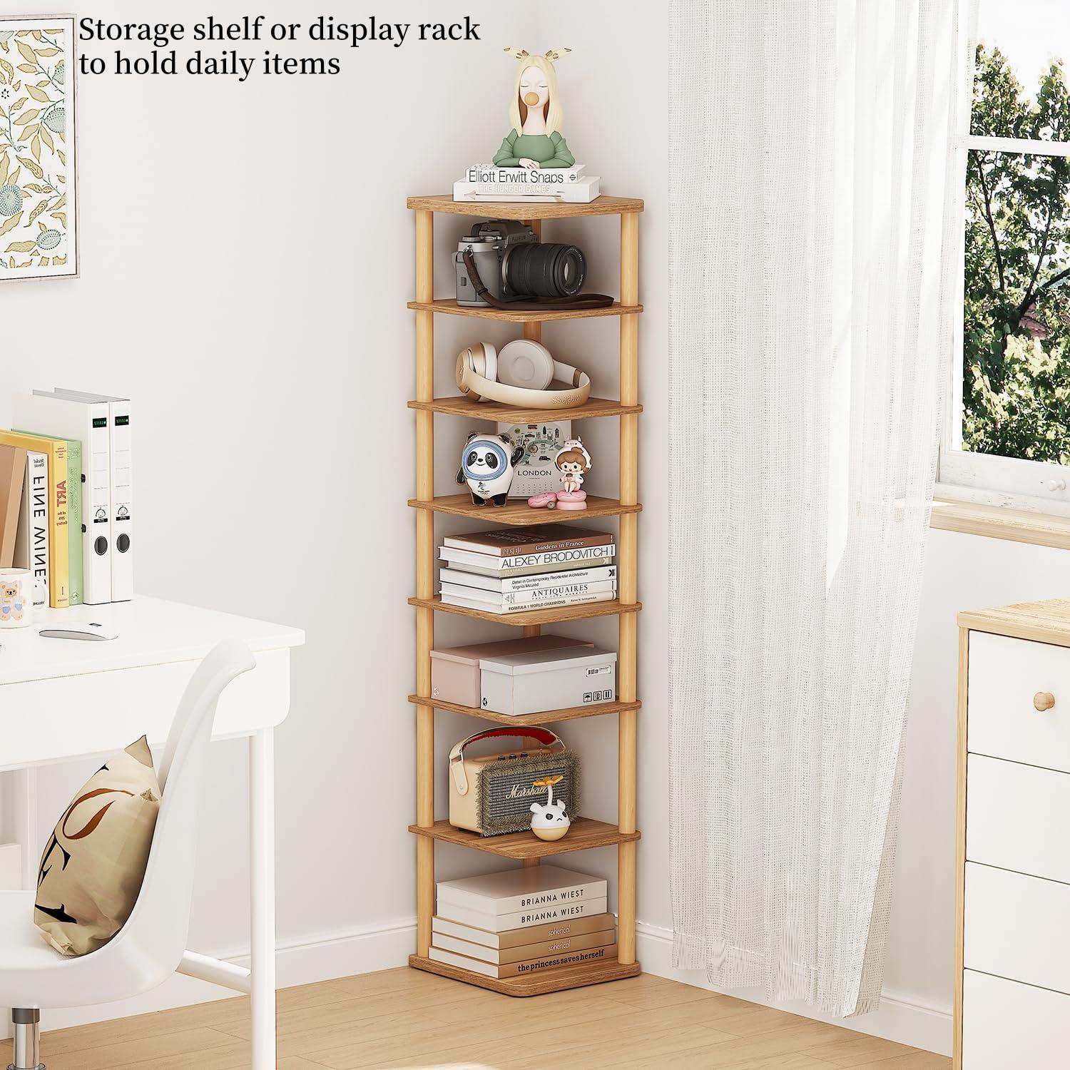 LUCKNOCK Vertical Shoe Rack, 8-Tier Tall Narrow Shoe Organizer for Entryway, Closet, Dorm & Small Spaces, Freestanding Wooden Shoe Shelf Tower for Boots, Sneakers, Heels. (Walnut) - Image 6