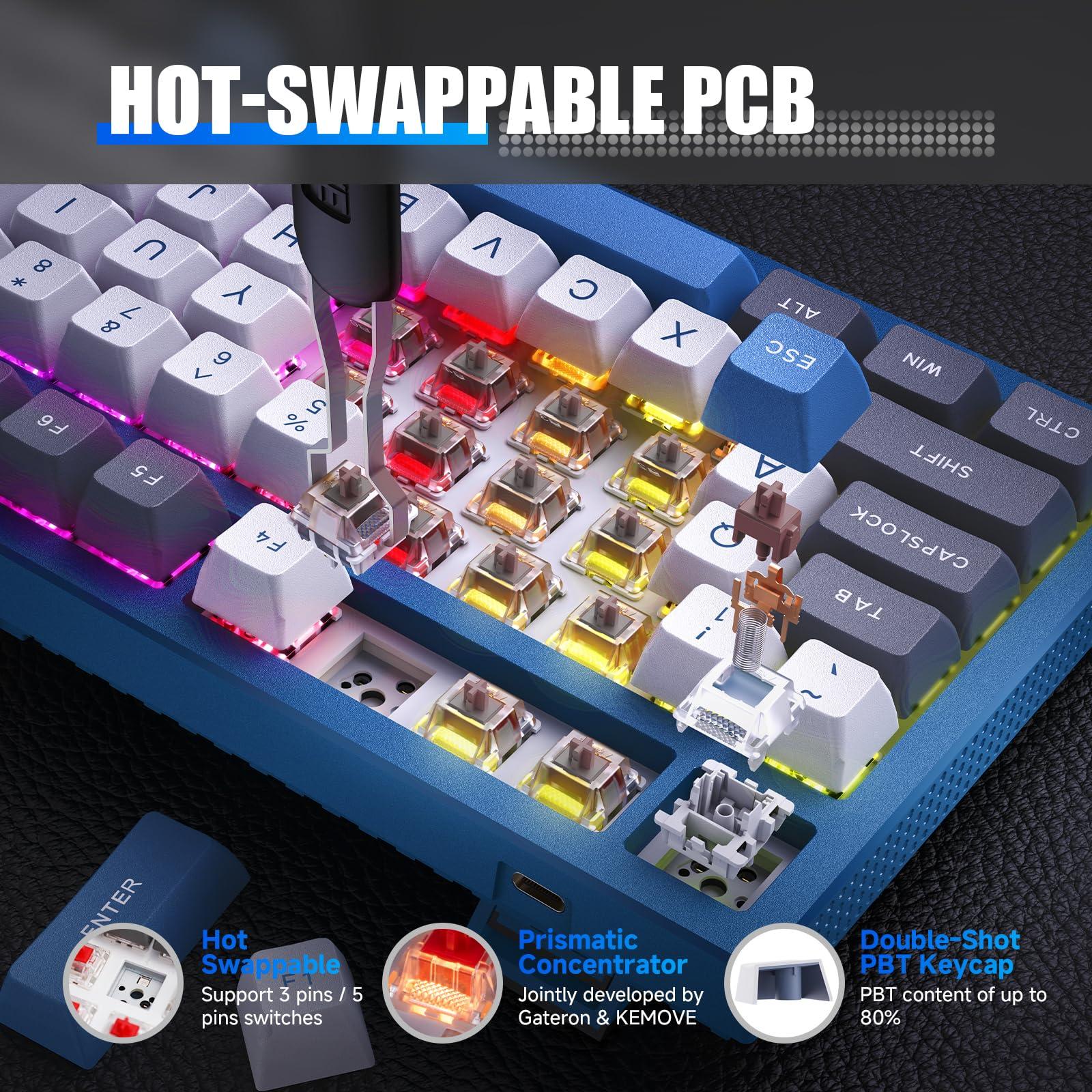 KEMOVE K87 Wireless TKL Mechanical Gaming Keyboard, Hot-swappable, RGB Backlit, Programmable, Bluetooth/2.4GHz/USB-C, 80% 87 Keys Compact Keyboard with Tactile Brown Switch for Windows/Mac/Linux - Image 2