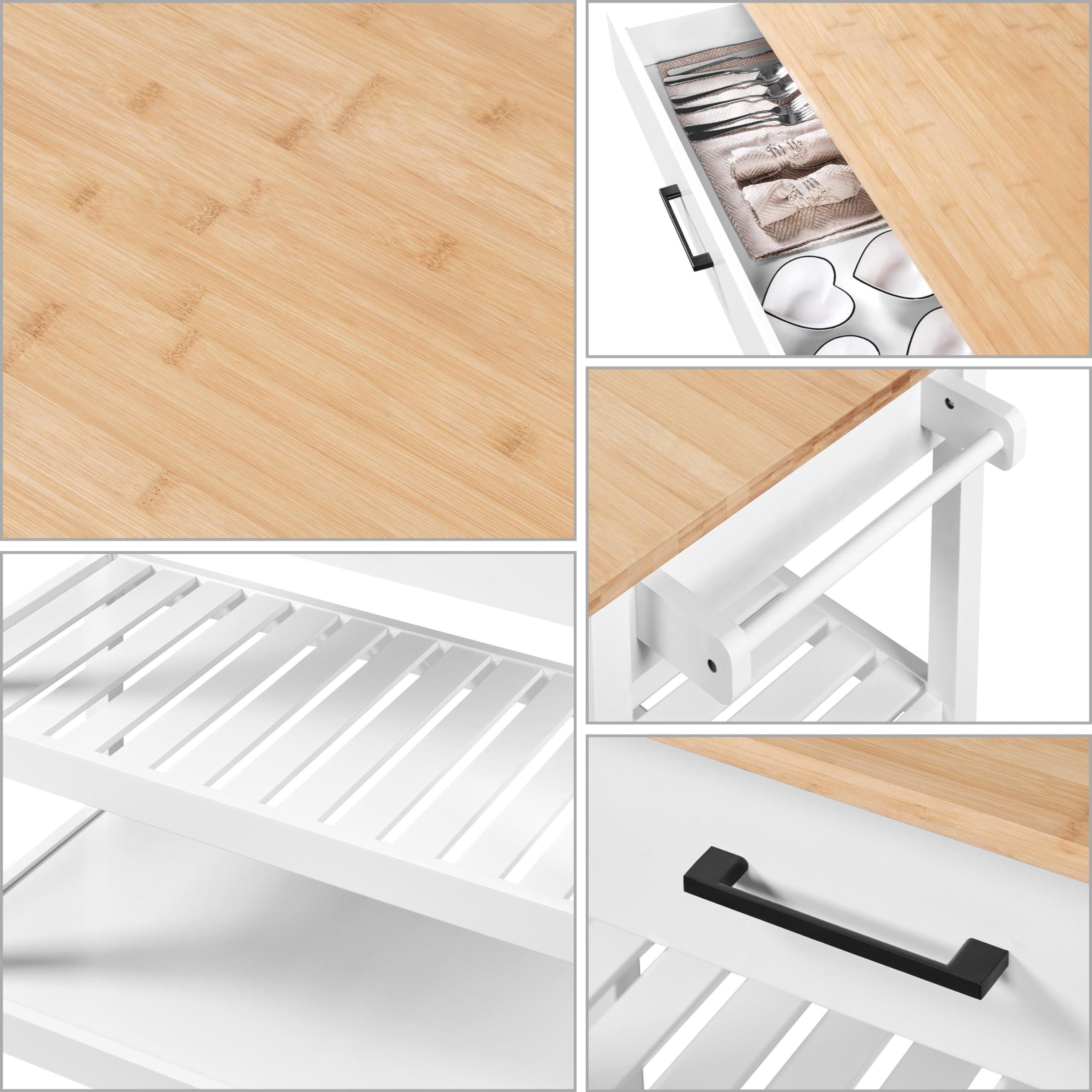 Yaheetech 40" Width Kitchen Island Cart on Wheels, 3 Tiers Rolling Utility Cart with Solid Wood Top and Drawer & 2 Spacious Storage Shelf, Serving Trolley for Dining Room, White - Image 7