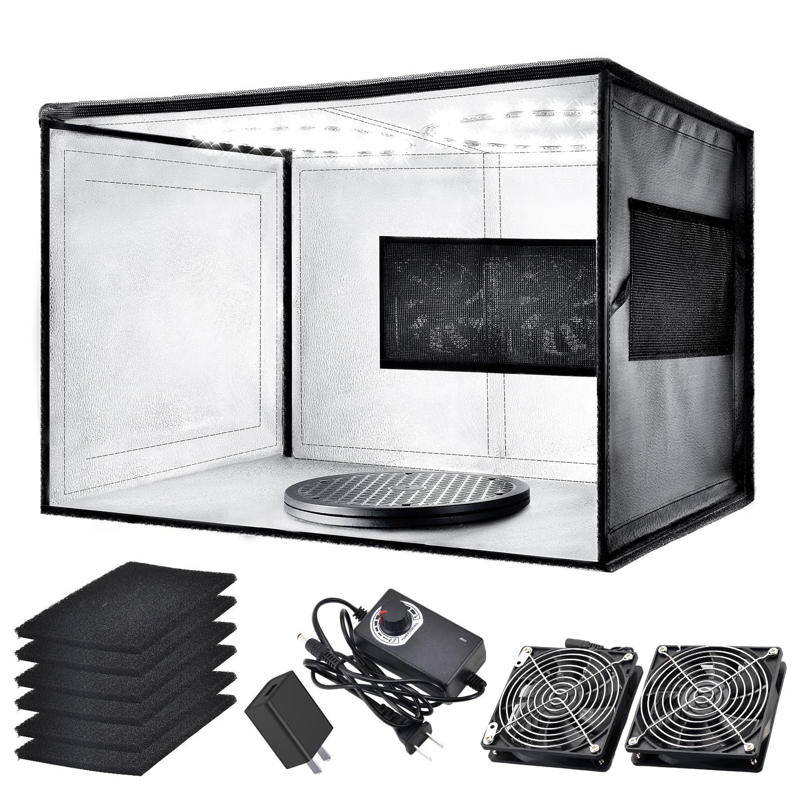 Airbrush Spray Booth with Dual Exhaust Fans,Portable Airbrush Paint Booth for Airbrushing,2 Round Led Lights with 360° Coverage,Turntable and Extension Hose,Hobby Spray Booth Kit for Painting Model