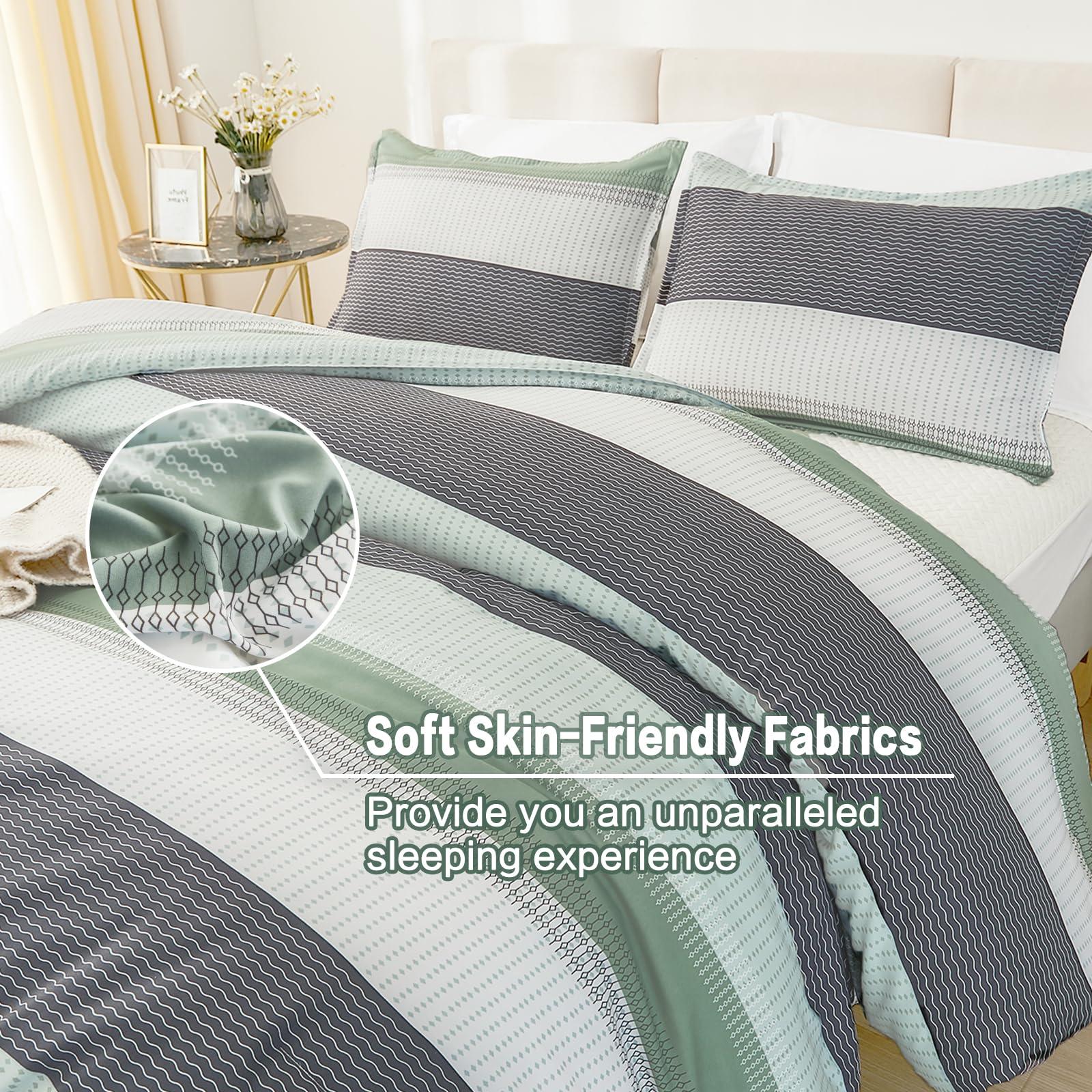Litanika Queen Comforter Set Sage Green - 3 Pieces Lightweight Quilt Bedding Comforter Sets, Light Green White Colorblock Stripe Fluffy Bed Set, All Season Down Alternative - Image 6