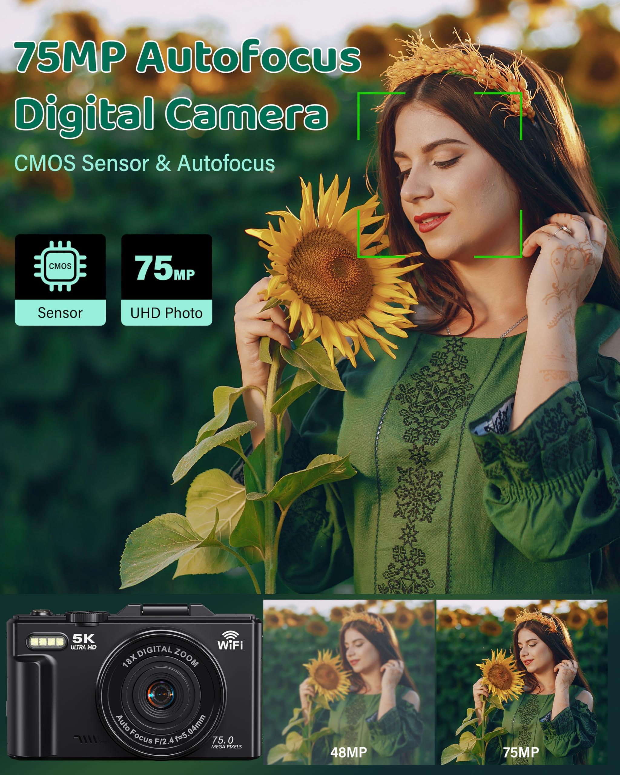 5K Digital Camera for Photography - WiFi 75MP Vlogging Cameras for YouTube - UHD Autofocus Video Camera 3" 180° Flip Screen with 18X Zoom - Compact Vlog Travel Camara with 32GB SD Card, 2 Batteries - Image 2