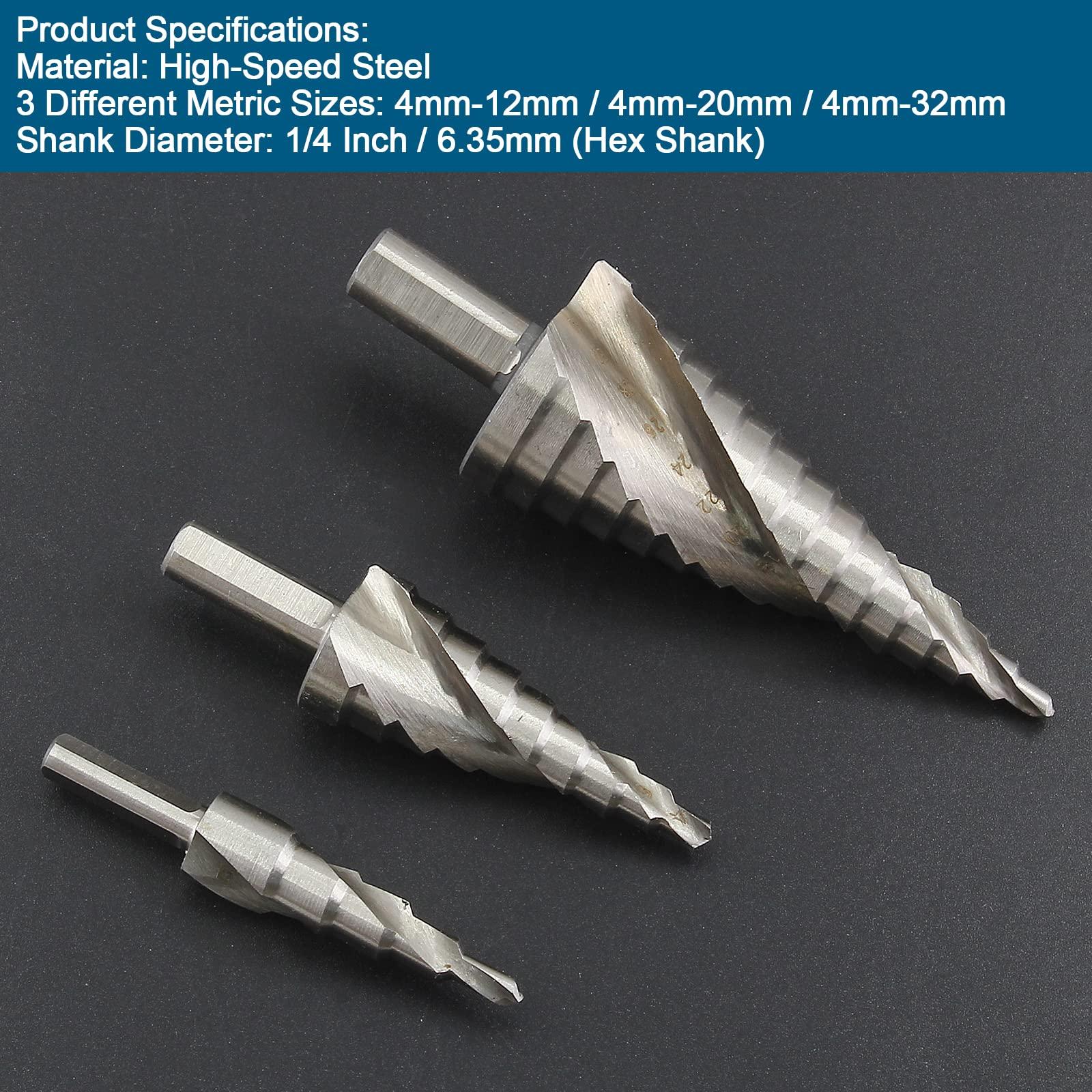 Aracombie 3pcs Metric Step Drill Bits for Metal, High Speed Steel Spiral Step Drill Bit, Unibit Step Drill Bit for Stainless Steel Aluminum Metal Wood (4mm-12mm, 4mm-20mm, 4mm-32mm) - Image 3