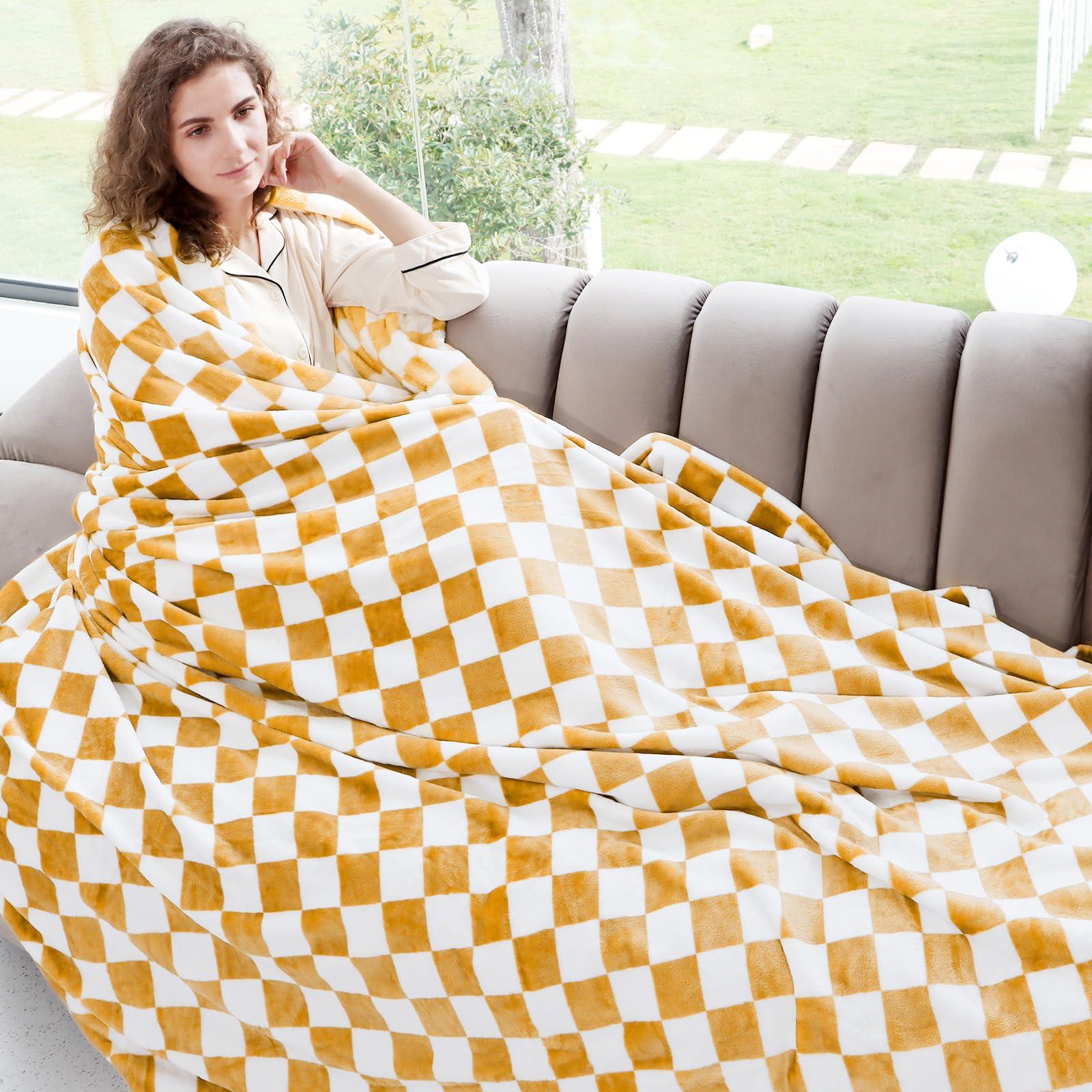 Yellow Checkered Blanket Plaid Throw Blanket Soft Fuzzy Yellow Fleece Blankets for Girls Women - Image 6