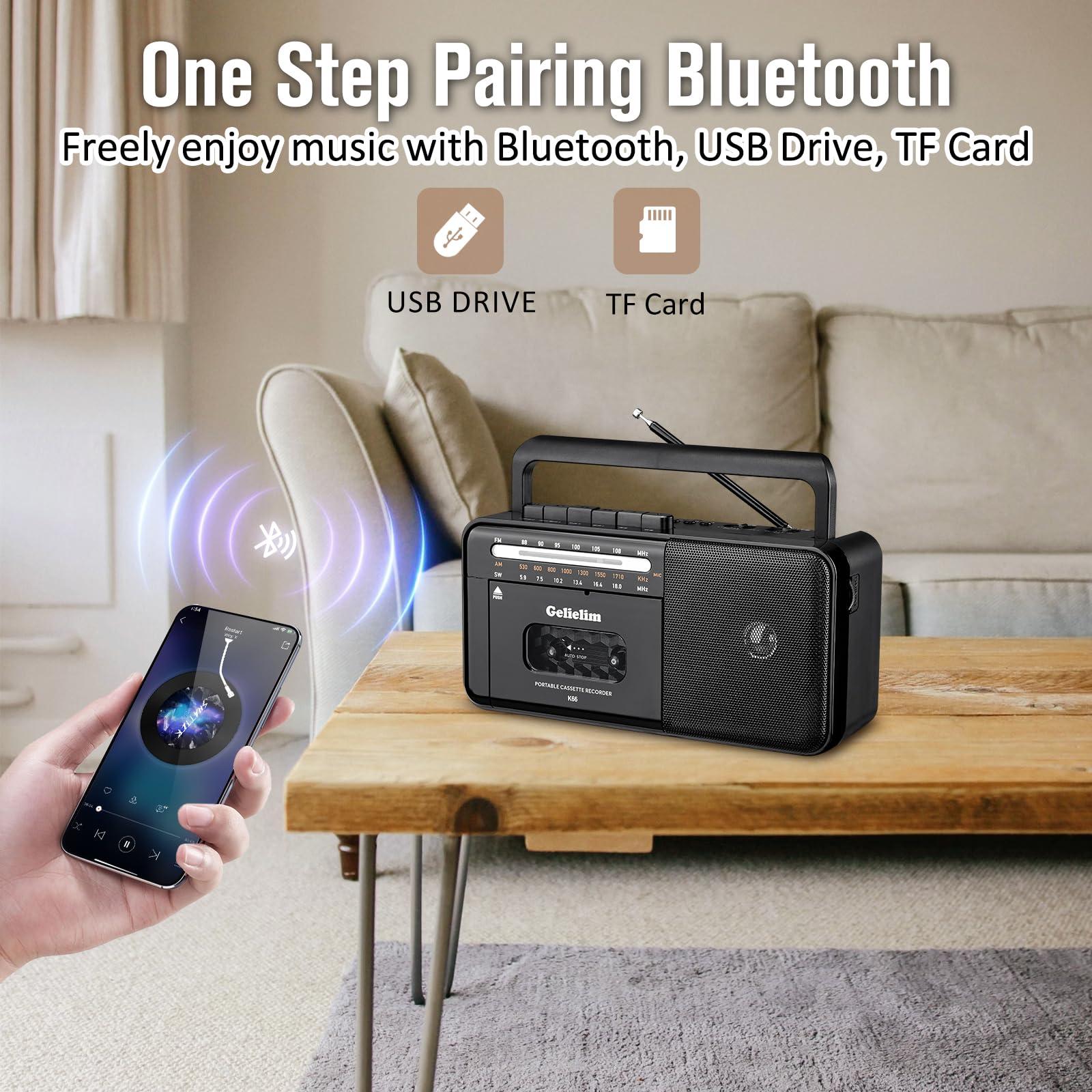 Gelielim Cassette Tape Player Bluetooth Boombox, Cassette Player AM/FM/SW Radio Stereo, Tape Player/Recorder with 8W Speaker and Earphone Jack, USB/TF Card Player, AC Powered or Battery Operated - Image 4