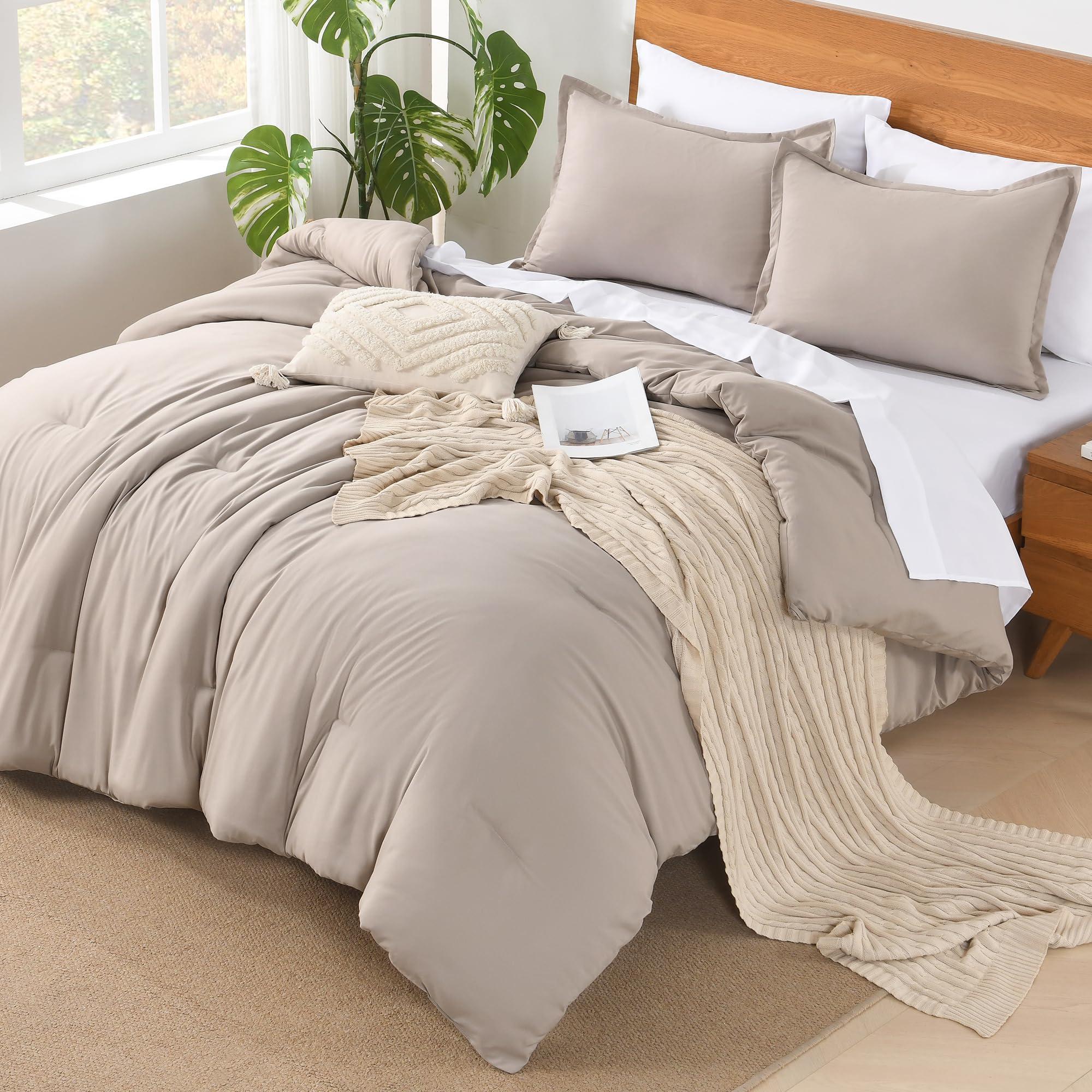 Andency Queen Comforter Set - 7 Pieces Bed in a Bag Queen Bedding Comforter Sets Oatmeal, Winter Solid Soft Lightweight Comforter with Fitted Sheets, Flat Sheets, Pillowcases & Shams