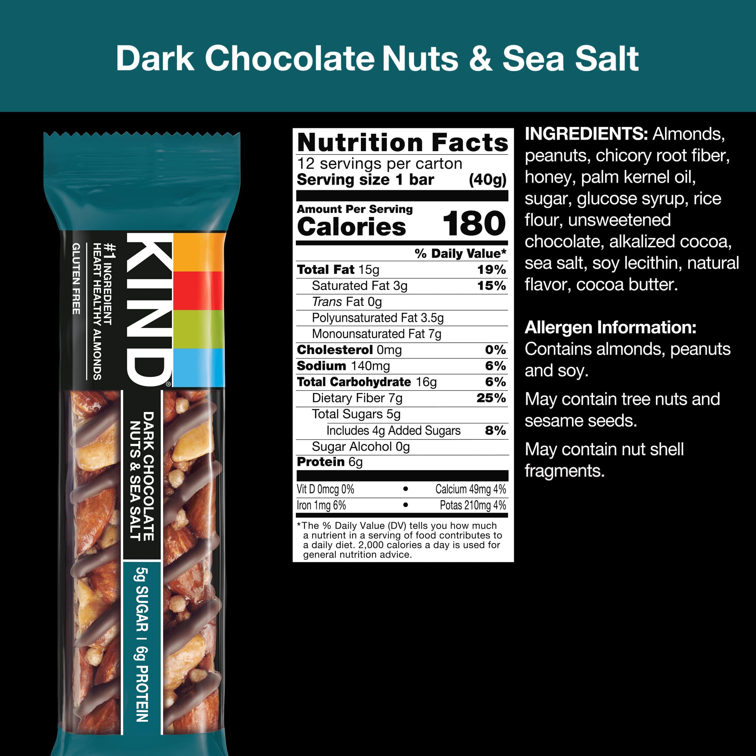 KIND Nut Bars, Dark Chocolate Nuts and Sea Salt, Healthy Snacks, Gluten Free, Low Sugar, 6g Protein, 12 Count - Image 2