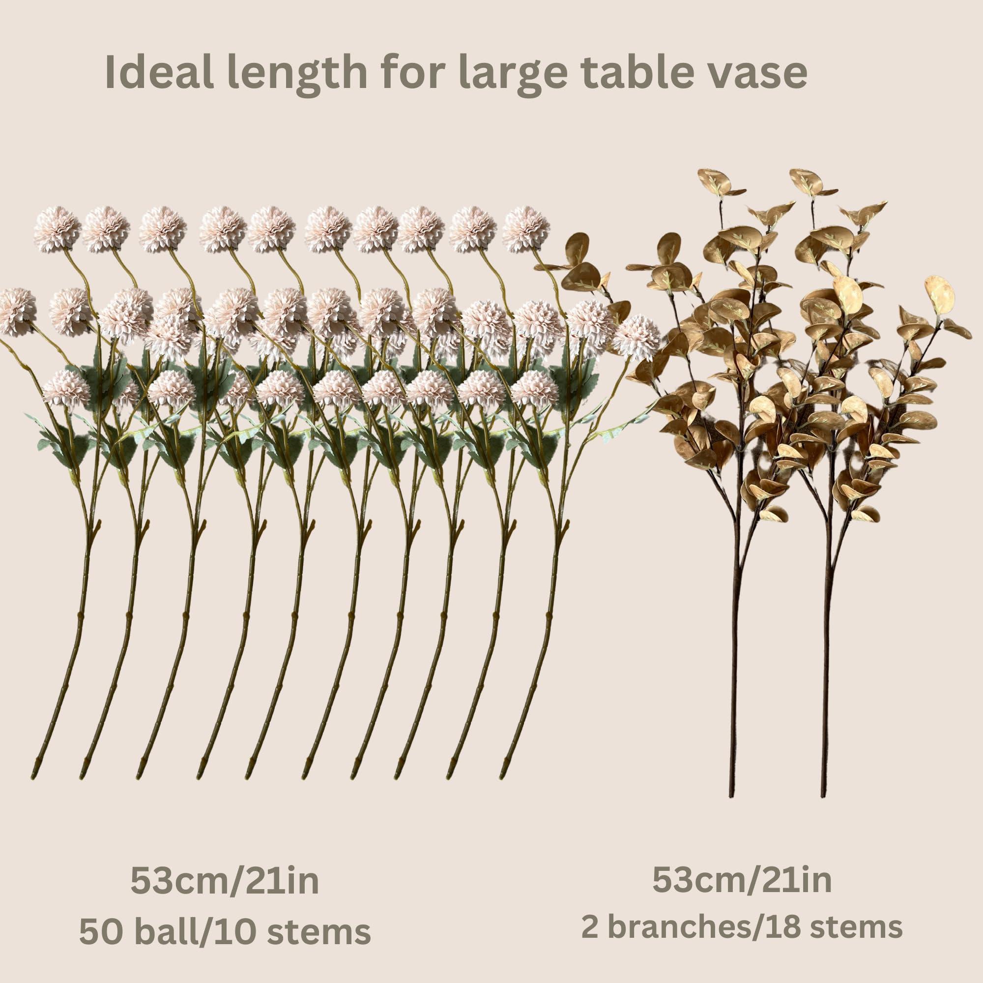 Artificial Flowers Beige 10 Stems + Eucalyptus, Faux Flowers For Vase, Fake Mums Silk Long Stem, Tan Nude Cream Neutral Floral, Chrysanthemum Pom Pom Floral Arrangements, Mini Faux Kiku Flower bulk - Image 6