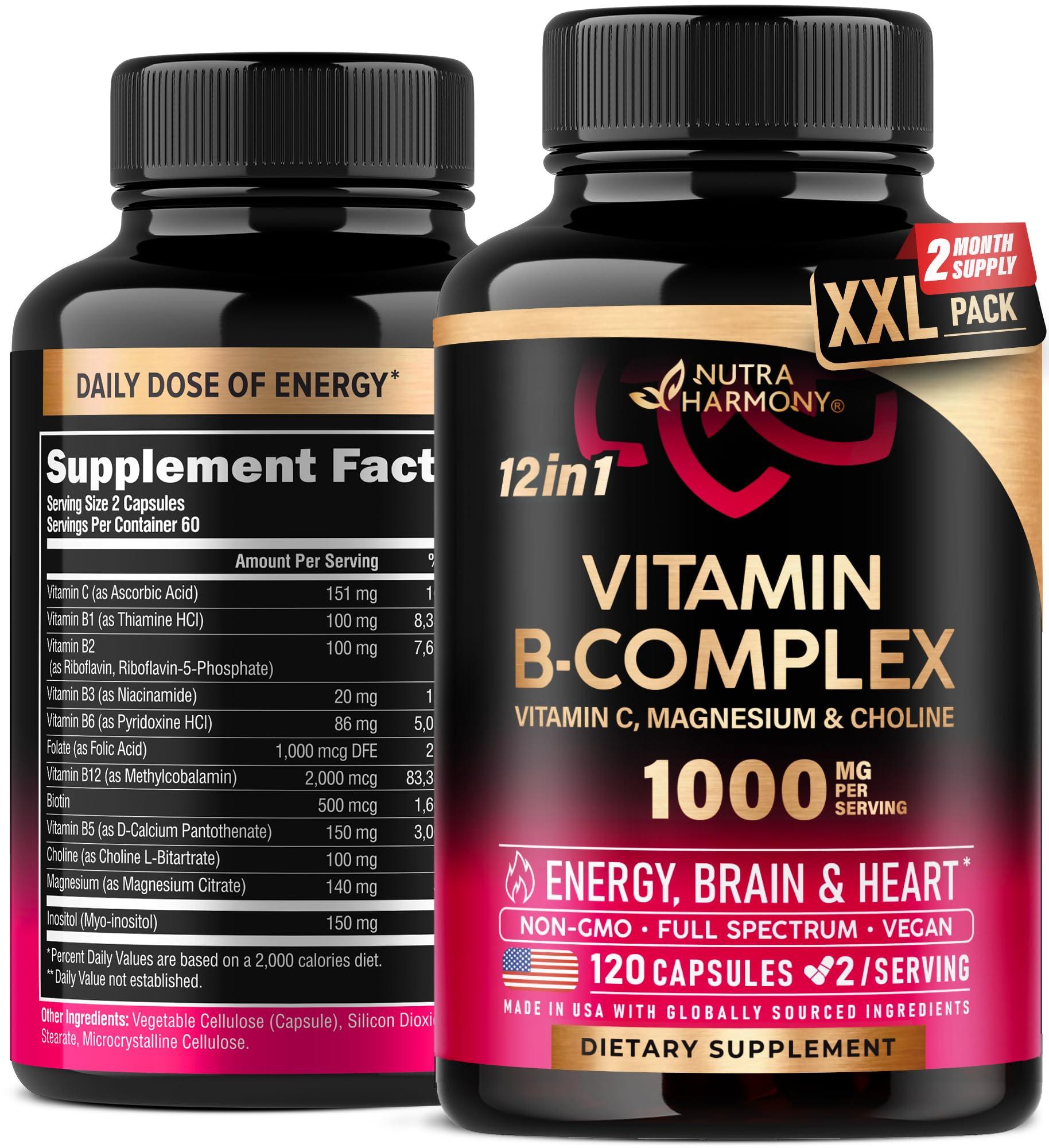 Vitamin B Complex for Men & Women - Made in USA - B-Complex: B1, B2, B3, B5, B6, B7, B8, B9, B12 with Vitamin C, Choline, Inositol - Energy, Brain & Heart Support Supplement, 120 Vegan Capsules