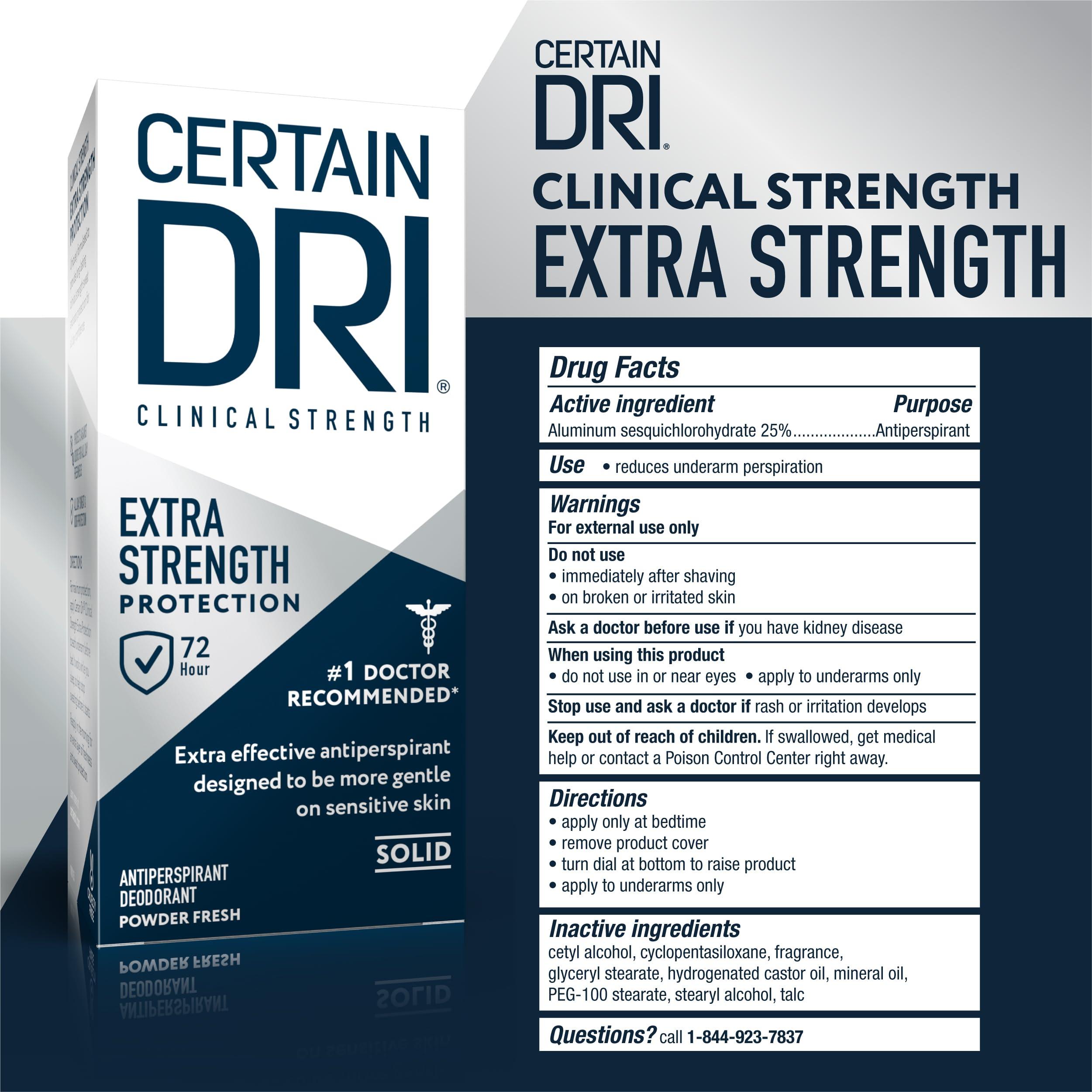 Certain Dri Extra Strength Clinical Antiperspirant Solid – Maximum Sweat & Odor Protection for Men & Women, 72HR Hyperhidrosis Treatment with 12% Aluminum Chloride, Powder Fresh Scent, (1.7oz, 3 Pack) - Image 5