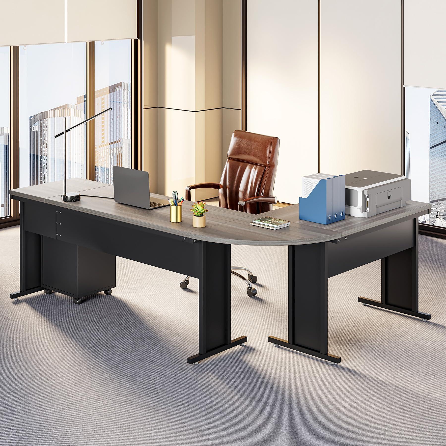 LITTLE TREE 82.67" Long Executive Desk with Drawers, Large L-Shaped Office Desk with Mobile File Cabinet, Farmhouse Computer Office Furniture Work Desk with Storage for Home Office, Gray - Image 2