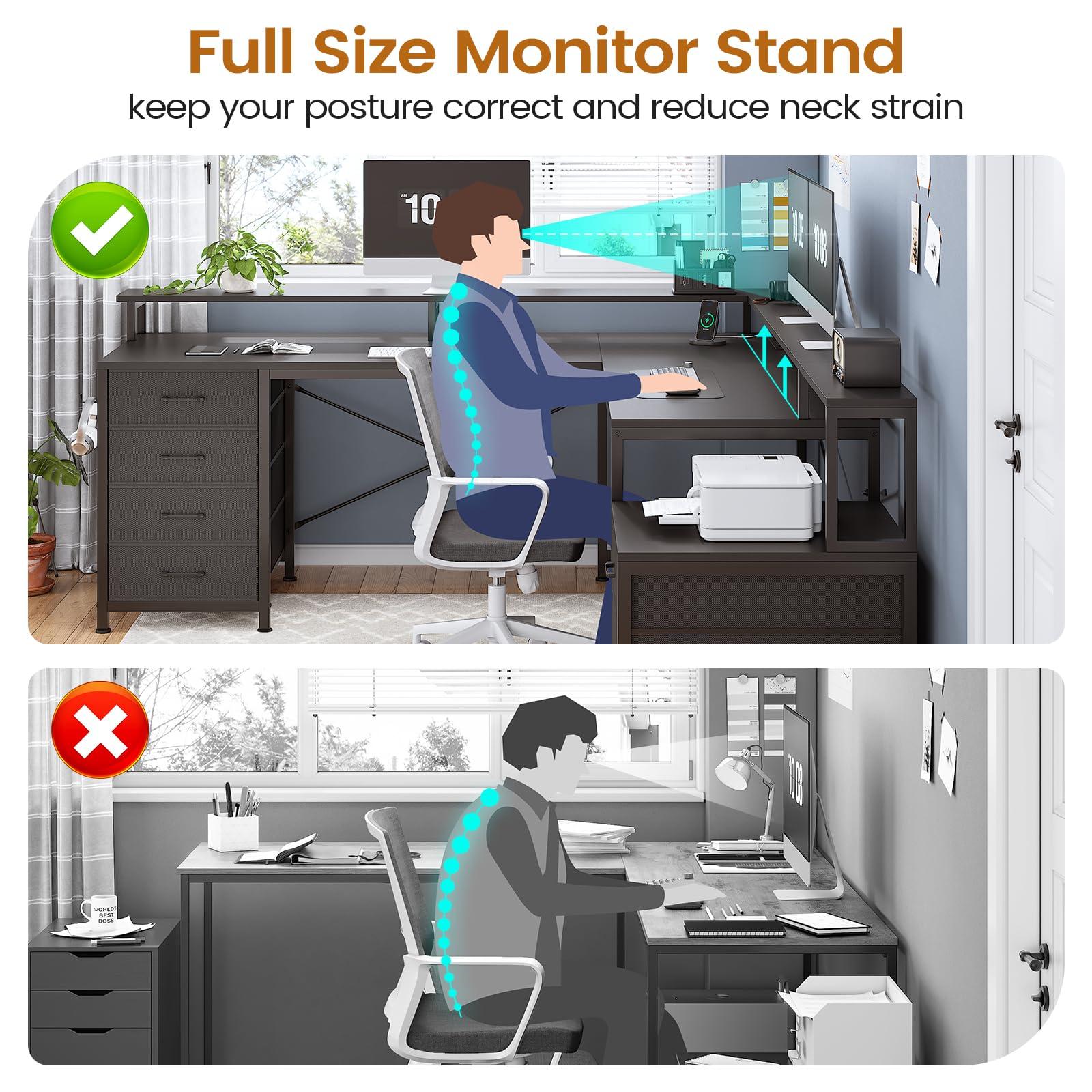 SEDETA L Shaped Desk with 6 Drawer, 108" Home Office Desk with File Drawer & Power Outlet, Corner Computer Desk with Monitor Shelf, File Cabinet, Two Person Desk, Gaming Desk with Led Lights, Black - Image 8
