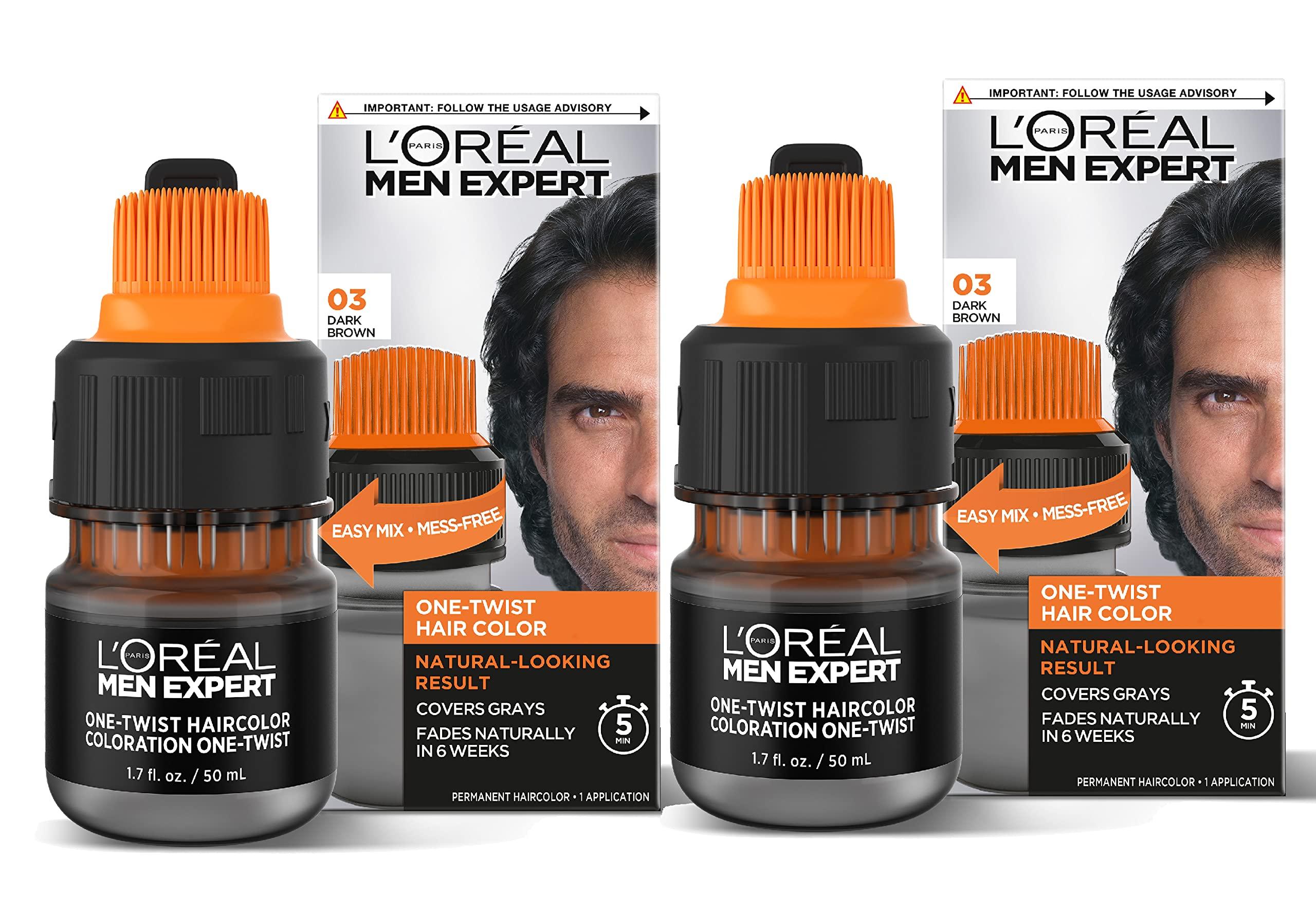 L’Oreal Paris Men Expert One Twist Mess Free Permanent Hair Color, Mens Hair Dye to Cover Grays, Easy Mix Ammonia Free Application, Dark Brown 03, 2 Application Kit - Image 1