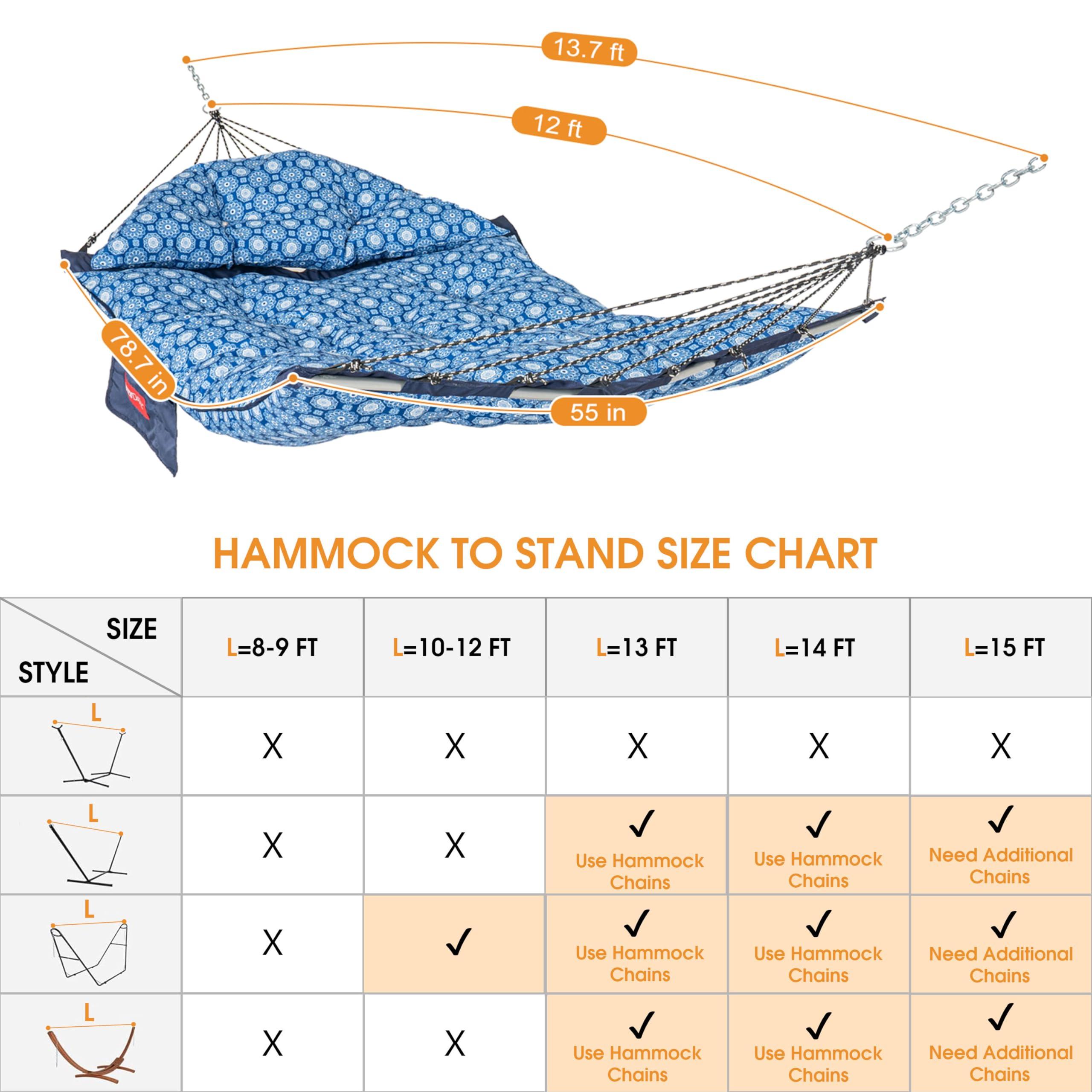 Lazy Daze Hammocks Deluxe 12 FT Thickened Fabric Hammock with Curved Aluminium Spreader, Outside Double Hammock with Large Soft Pillow, Side Pocket 450 Lbs Capacity for Patio, Blue Floral - Image 7