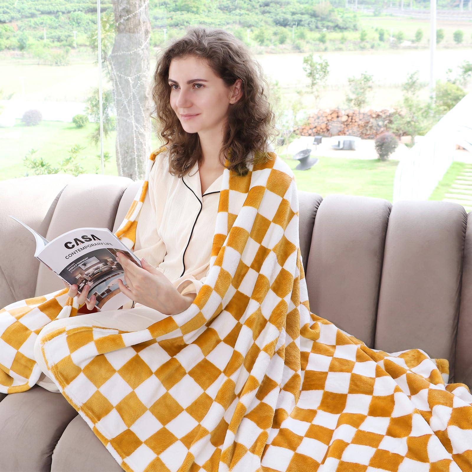 Yellow Checkered Blanket Plaid Throw Blanket Soft Fuzzy Yellow Fleece Blankets for Girls Women - Image 2